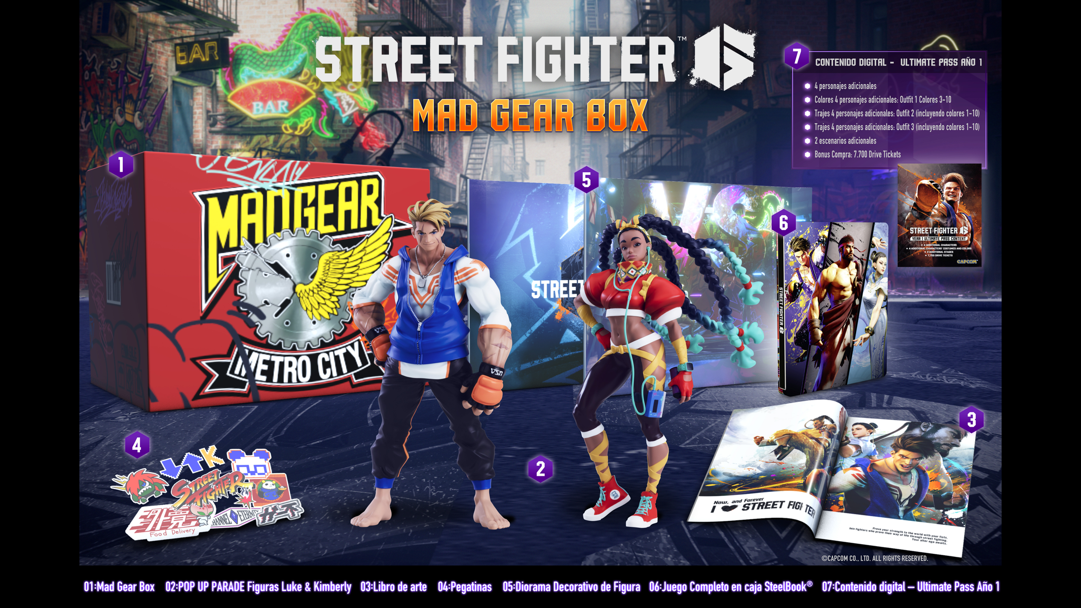 Street Fighter Mad Gear Box, con figuras, cartas y otros artículos relacionados con el juego.