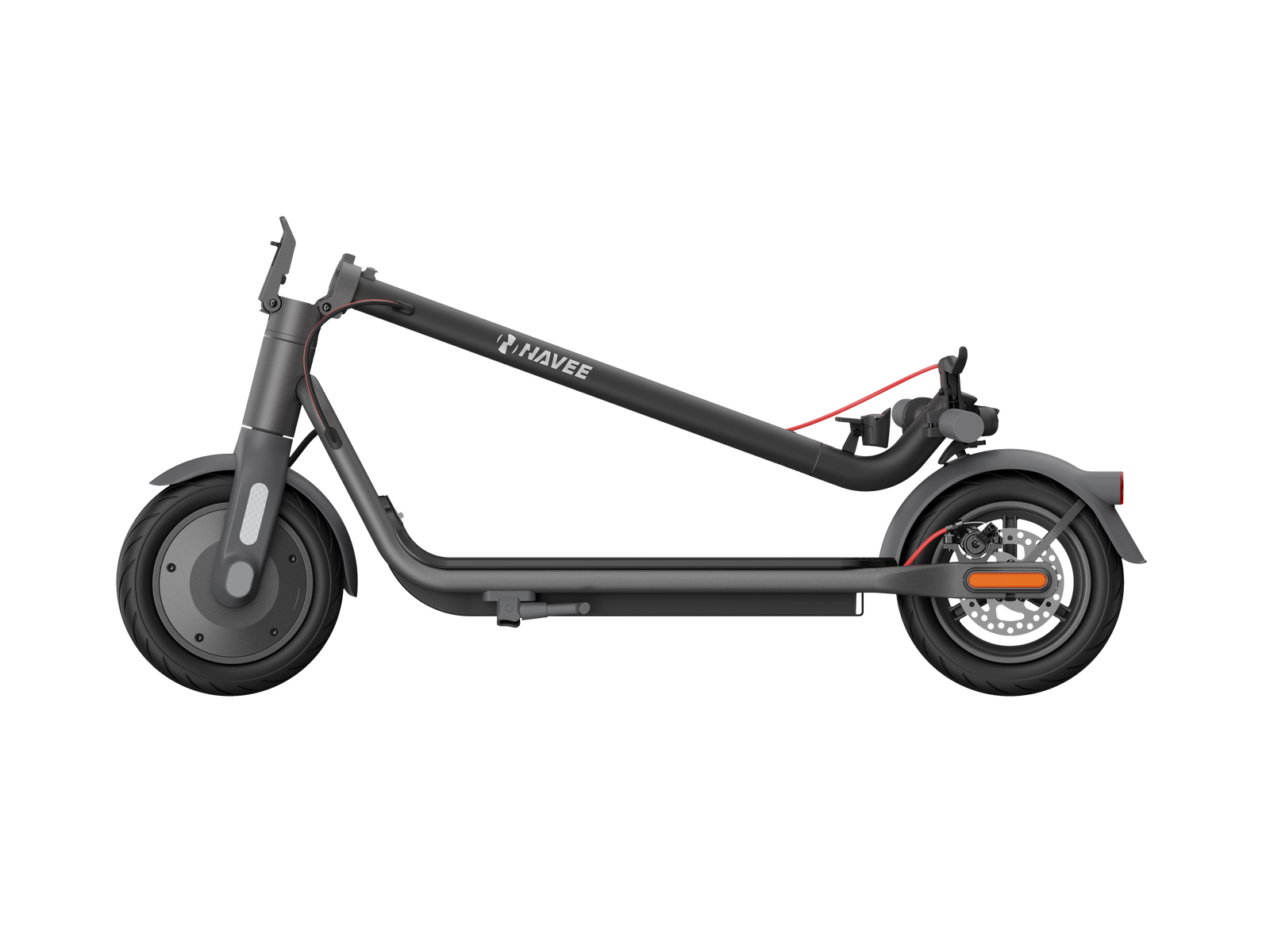 Un monopattino elettrico grigio scuro con logo NAVEE sul manubrio. Ruote nere e accenti rossi.