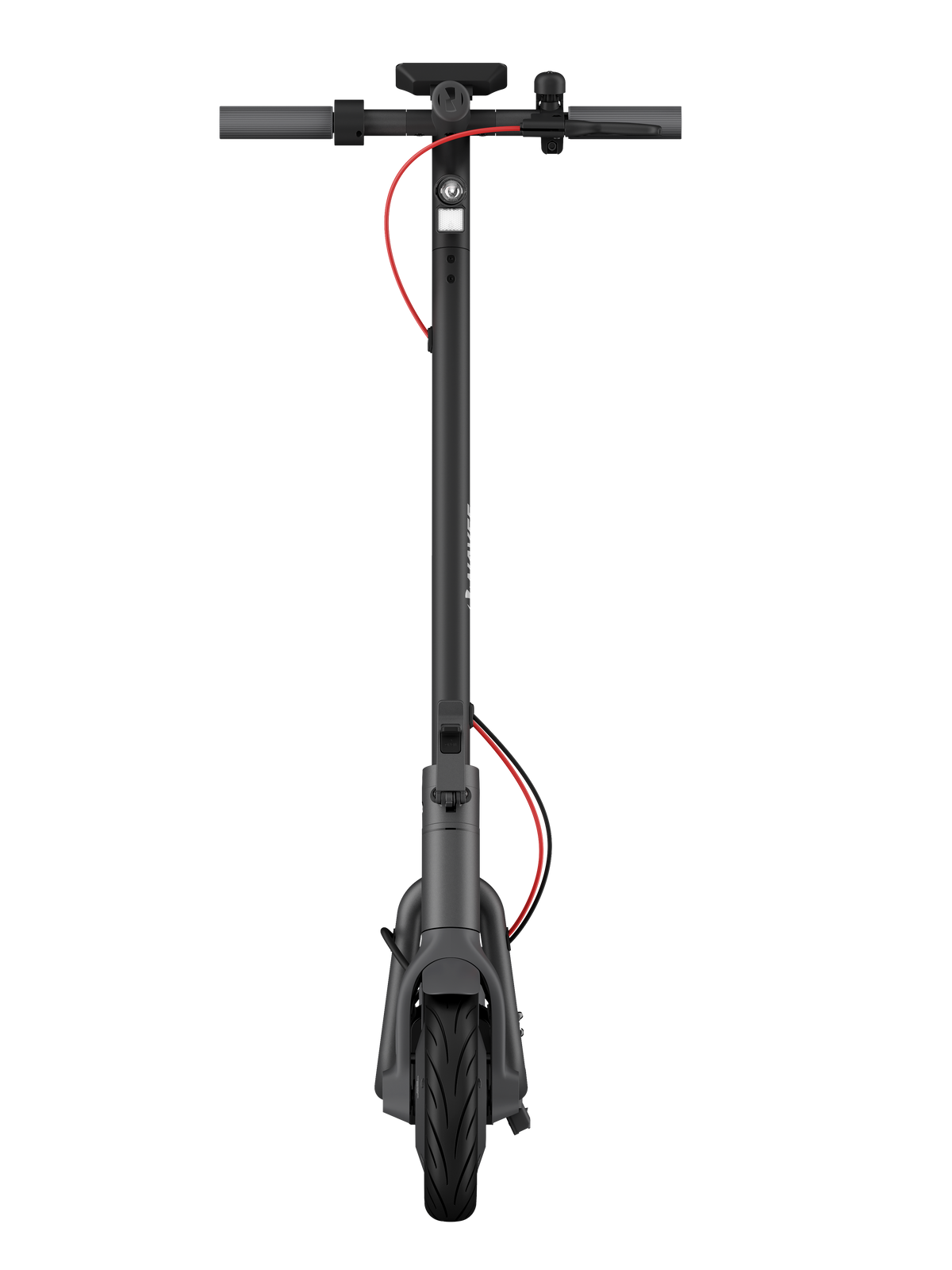 Uno scooter elettrico nero con accenti rossi, mostrato frontalmente.