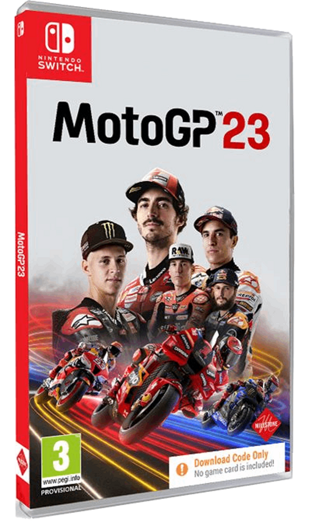Pudełko z grą na Nintendo Switch dla MotoGP 23 z postaciami z gry i motocyklami wyścigowymi.
