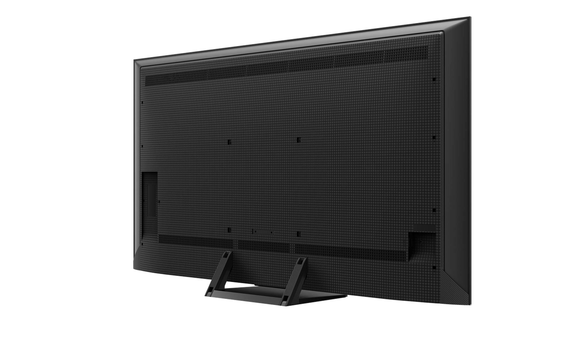 Tył czarnego telewizora ze stojakiem, pokazujący złącza. Tył ma wzór tekstury.