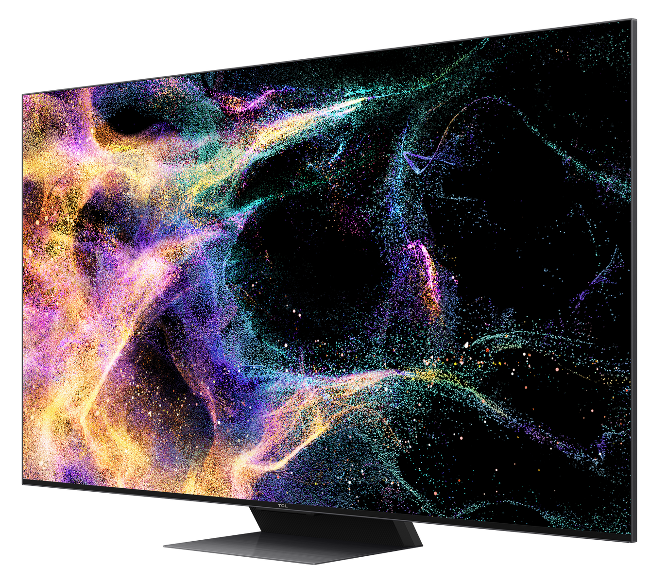 Una gran pantalla de TV con arte abstracto colorido. El arte presenta un fondo negro.