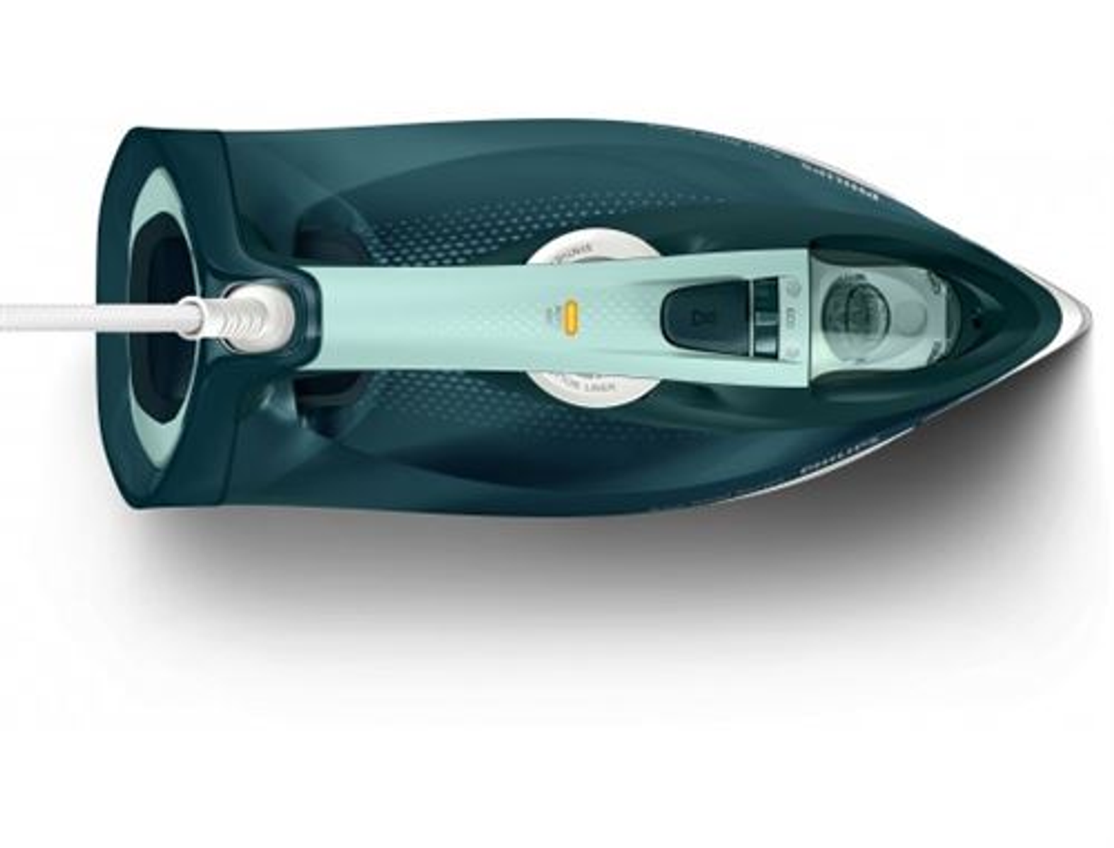 Żelazko, widok z góry, turkusowy uchwyt, granatowy korpus. Biały przewód i podstawa.