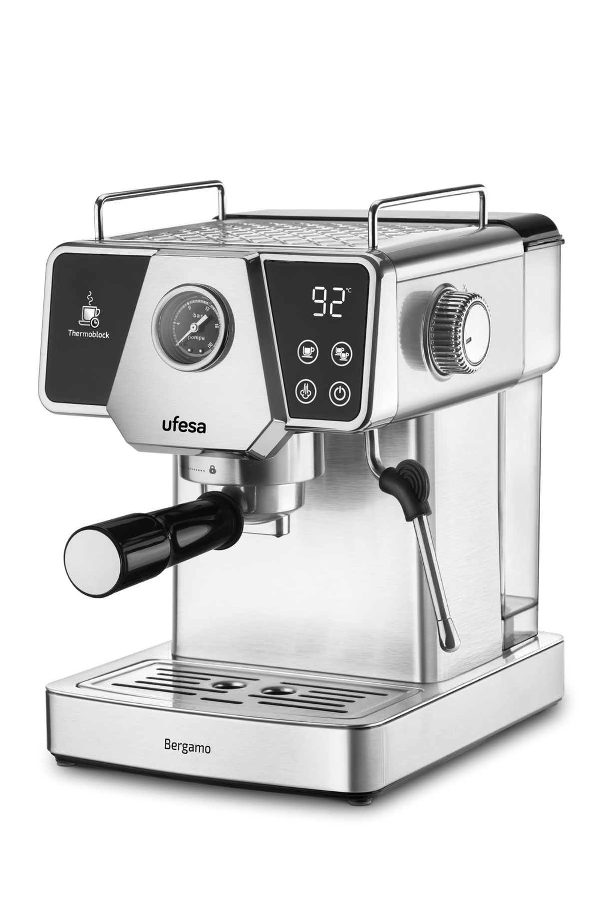Una máquina de espresso Ufesa, acabado en acero inoxidable, con manómetro.