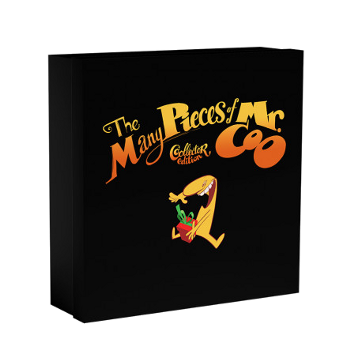 Czarne pudełko z tytułem "The Many Pieces of Mr. Go" i postacią z kreskówki trzymającą roślinę.