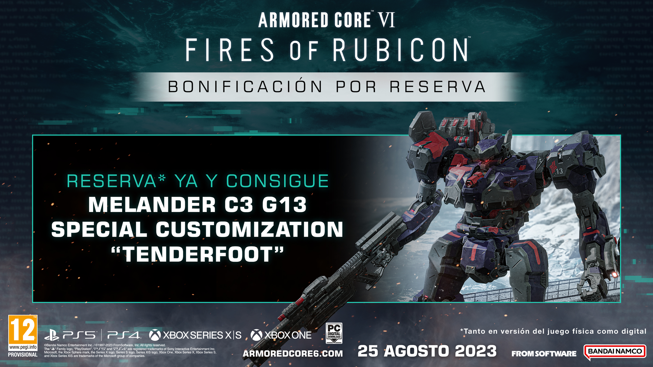 Reklama gry z robotem mech. Tekst promujący grę "Armored Core VI: Fires of Rubicon".