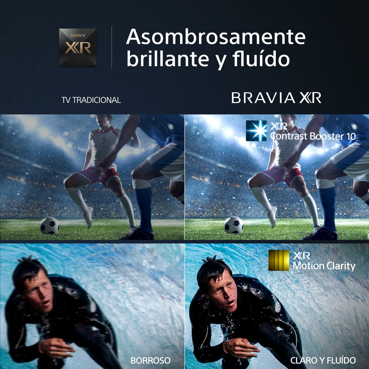 Immagine che confronta la qualità TV, mostrando una partita di calcio e un nuotatore in acqua.