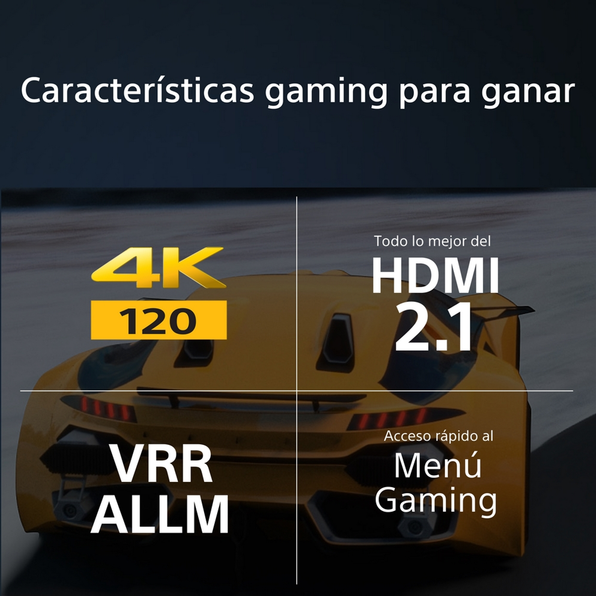 Immagine che mostra 4K 120, VRR ALLM e HDMI 2.1, con un'auto al centro.