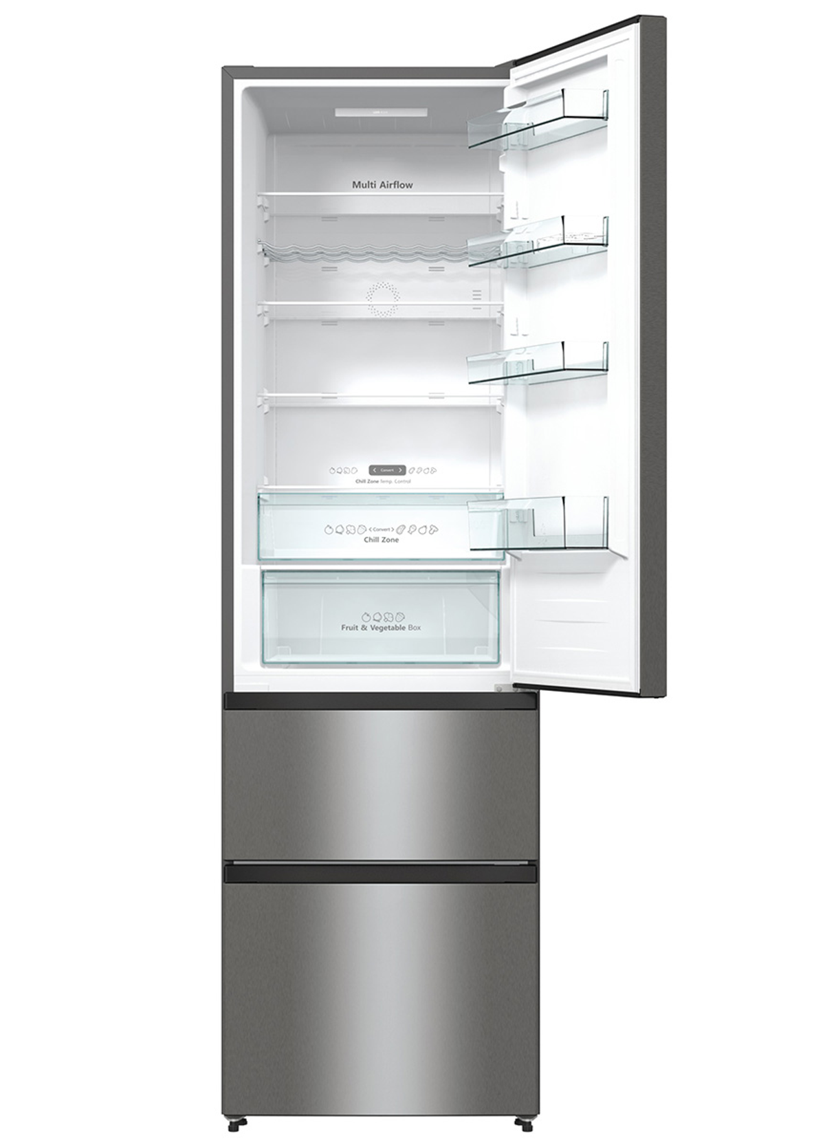 Kühlschrank mit offener Tür. Edelstahl und Glasböden. Weißer Hintergrund.