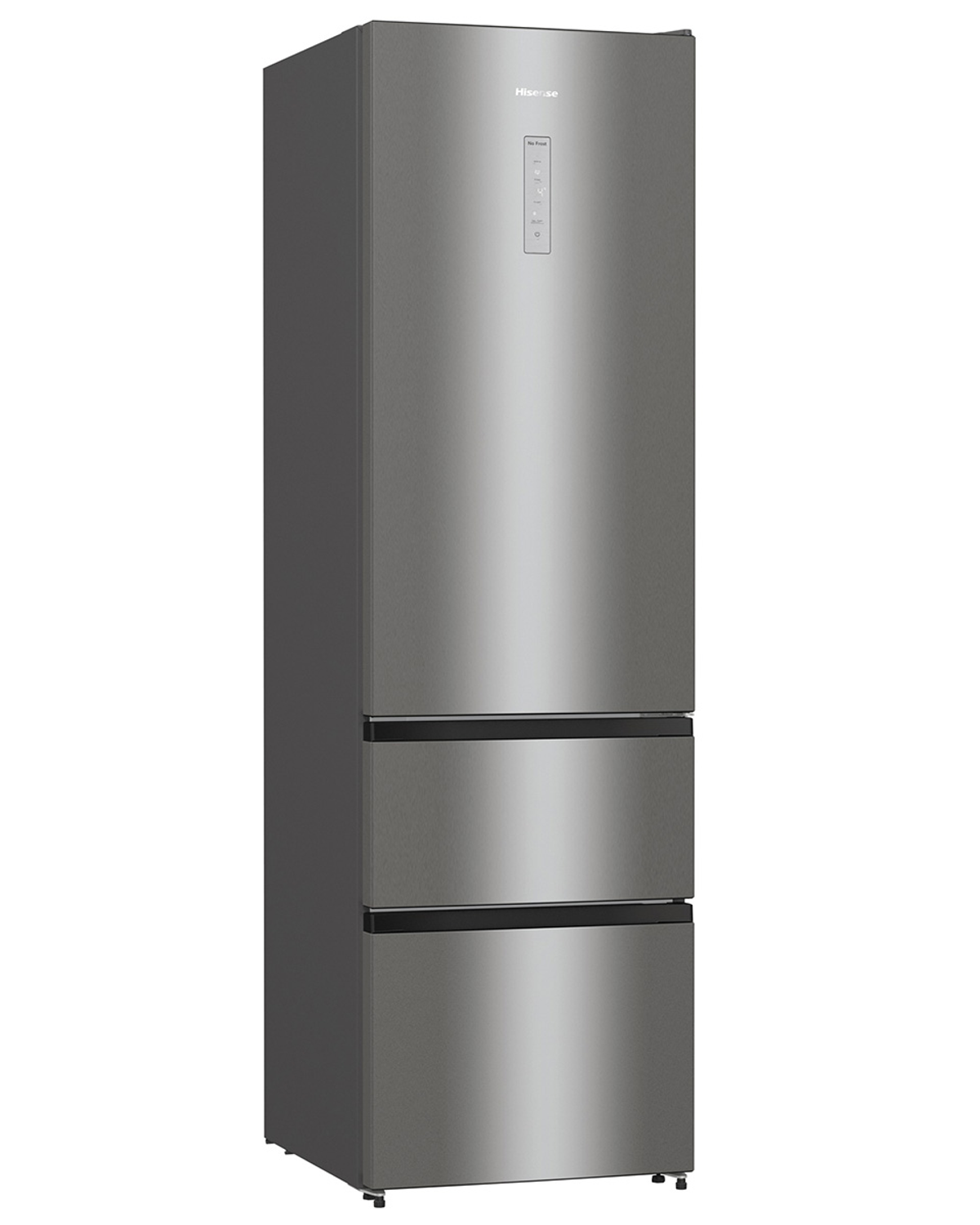 Edelstahl-Kühlschrank von Hisense. Zwei untere Schubladen, Digitalanzeige. Grau-Silber-Farbschema.