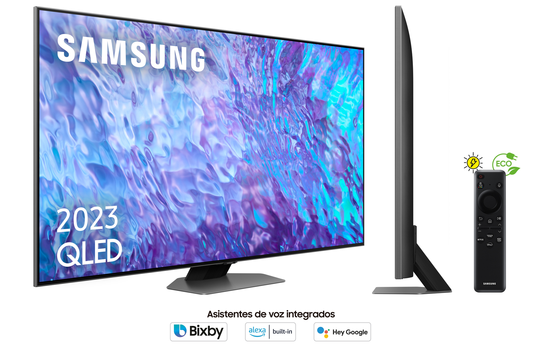 Telewizor Samsung 2023 QLED. Widok z boku i z przodu. Czarna ramka, podstawa i pilot. Białe tło.