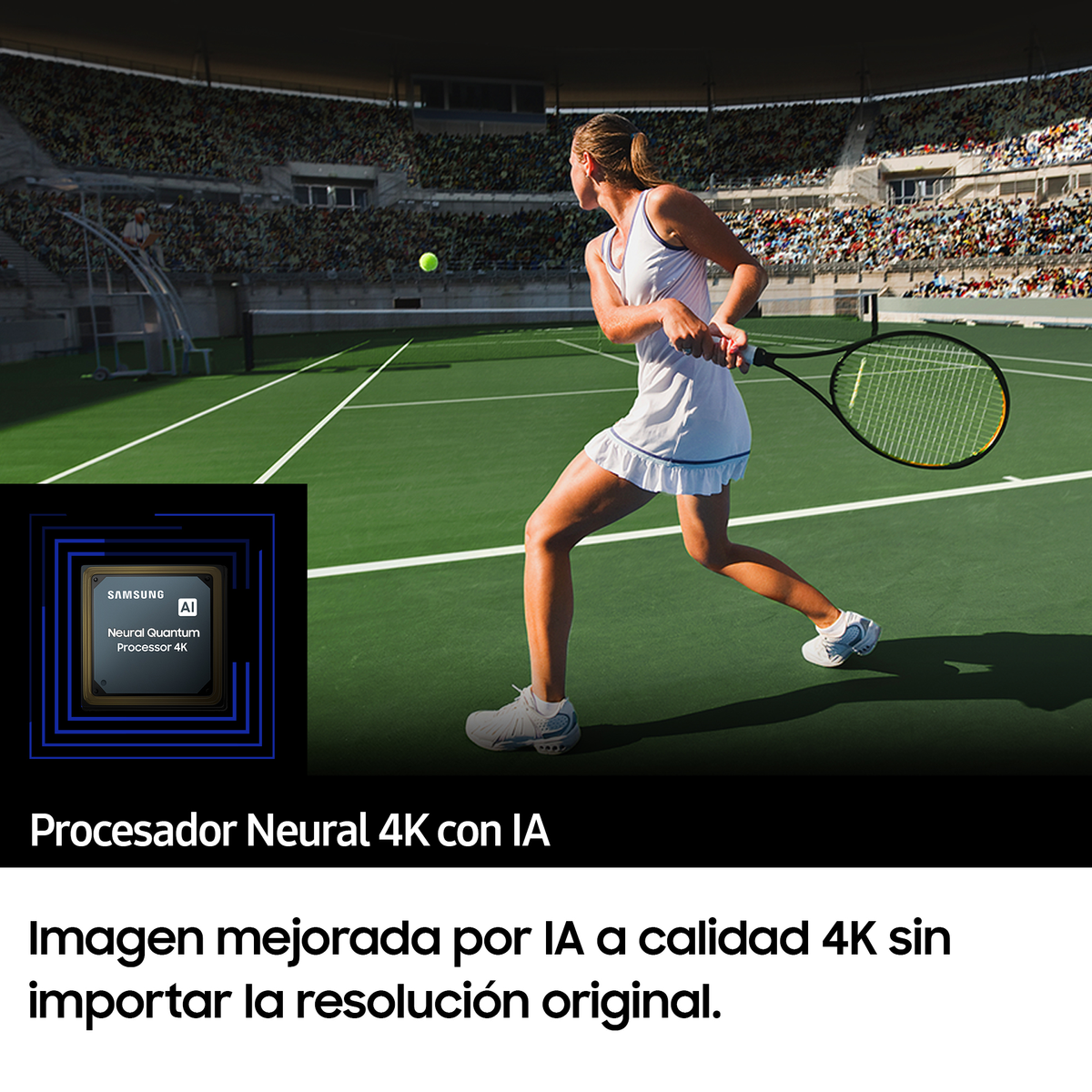 Kobieta gra w tenisa. Jest ekran z tekstem o procesorze neuronowym.