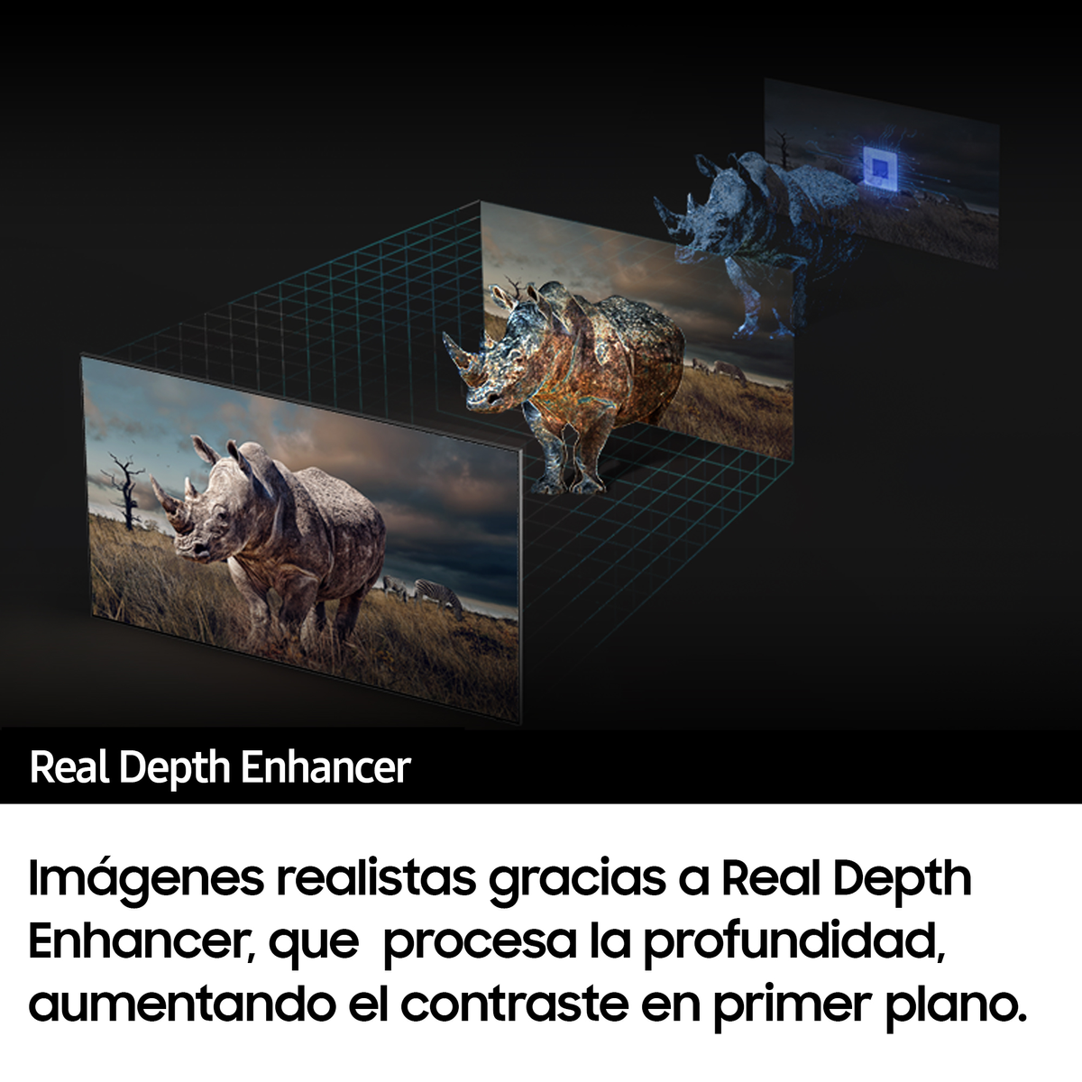 Trzy obrazy nosorożca z tekstem. Tekst: Real Depth Enhancer. Obrazy prawdziwa głębia.