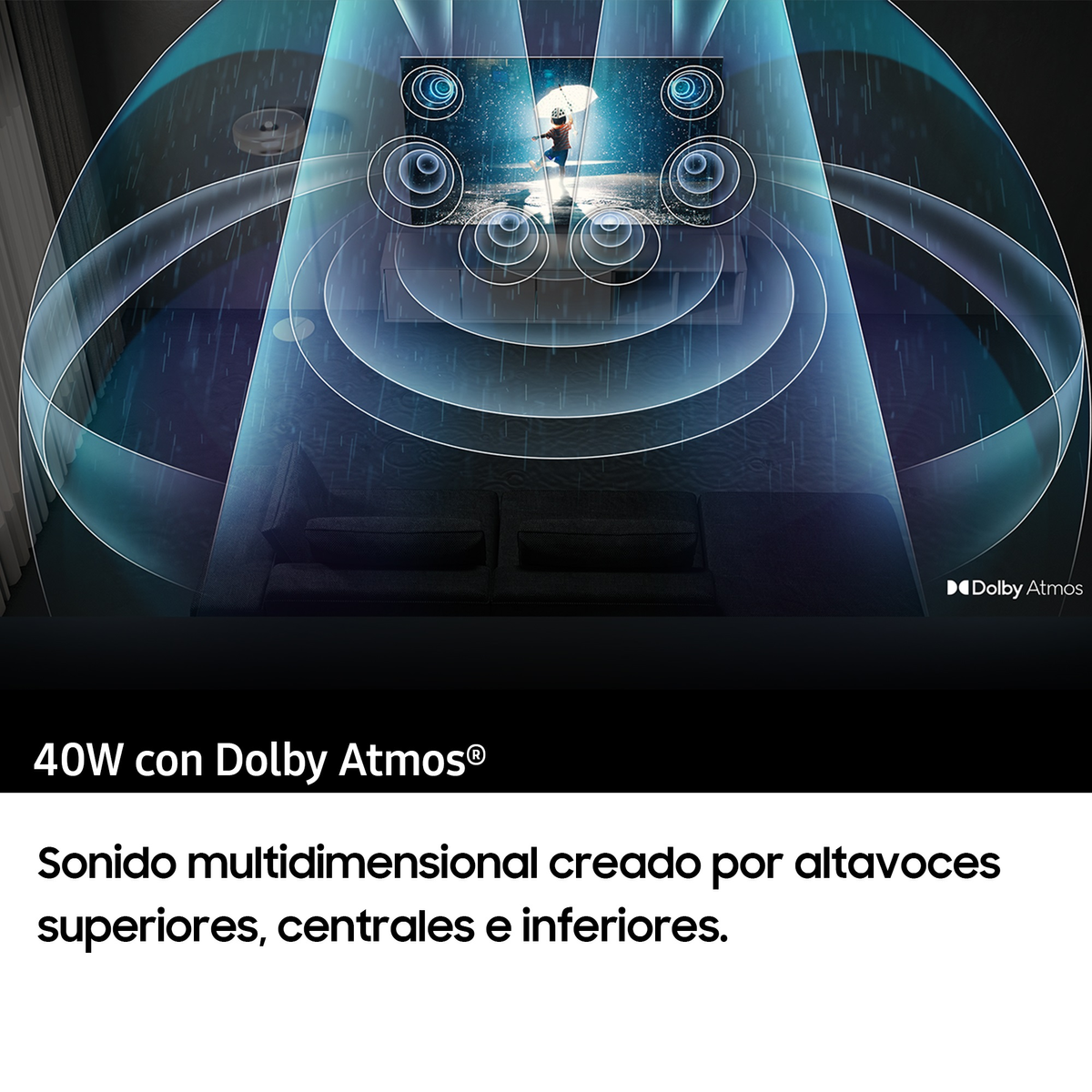 Ekran telewizora z efektami wizualnymi fal dźwiękowych i tekstem w języku hiszpańskim o Dolby Atmos.