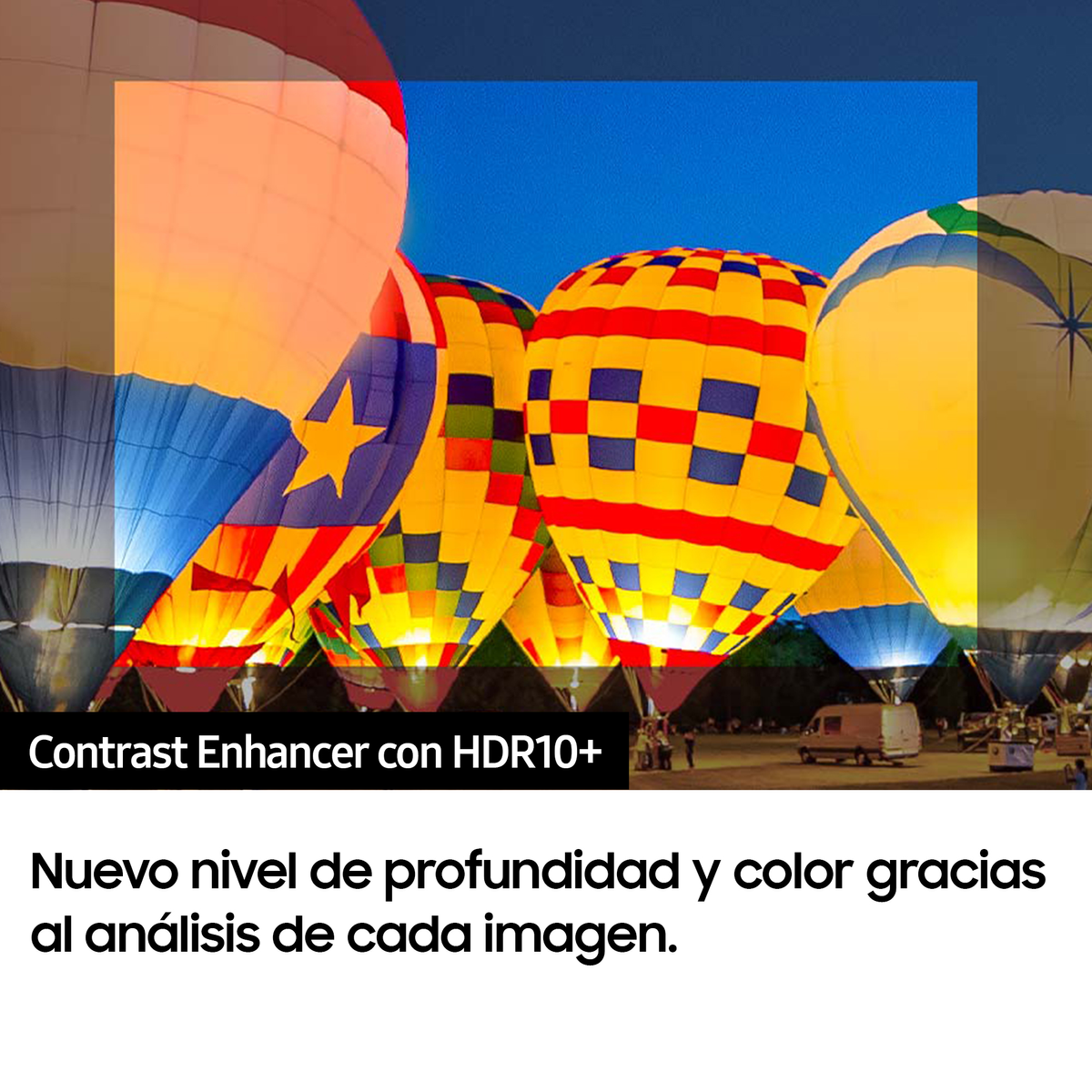 Balony na gorące powietrze na niebieskim niebie. Tekst: Contrast Enhancer z HDR10+. Nowy poziom koloru.