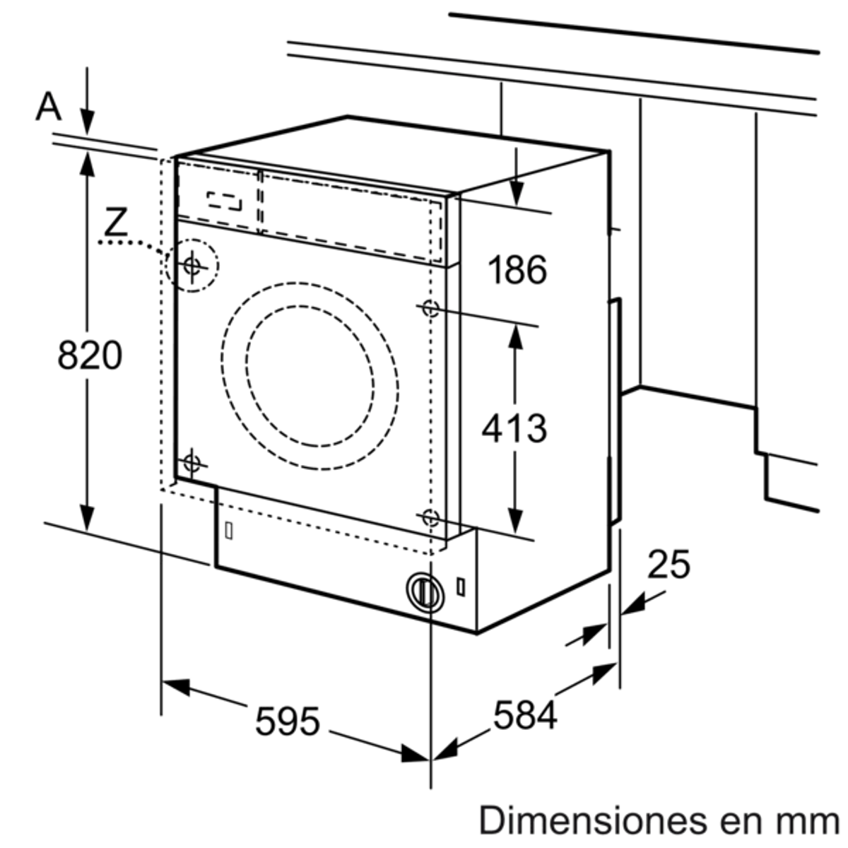 Diagramma di una lavatrice con dimensioni. La macchina è all'interno di uno spazio con misure.