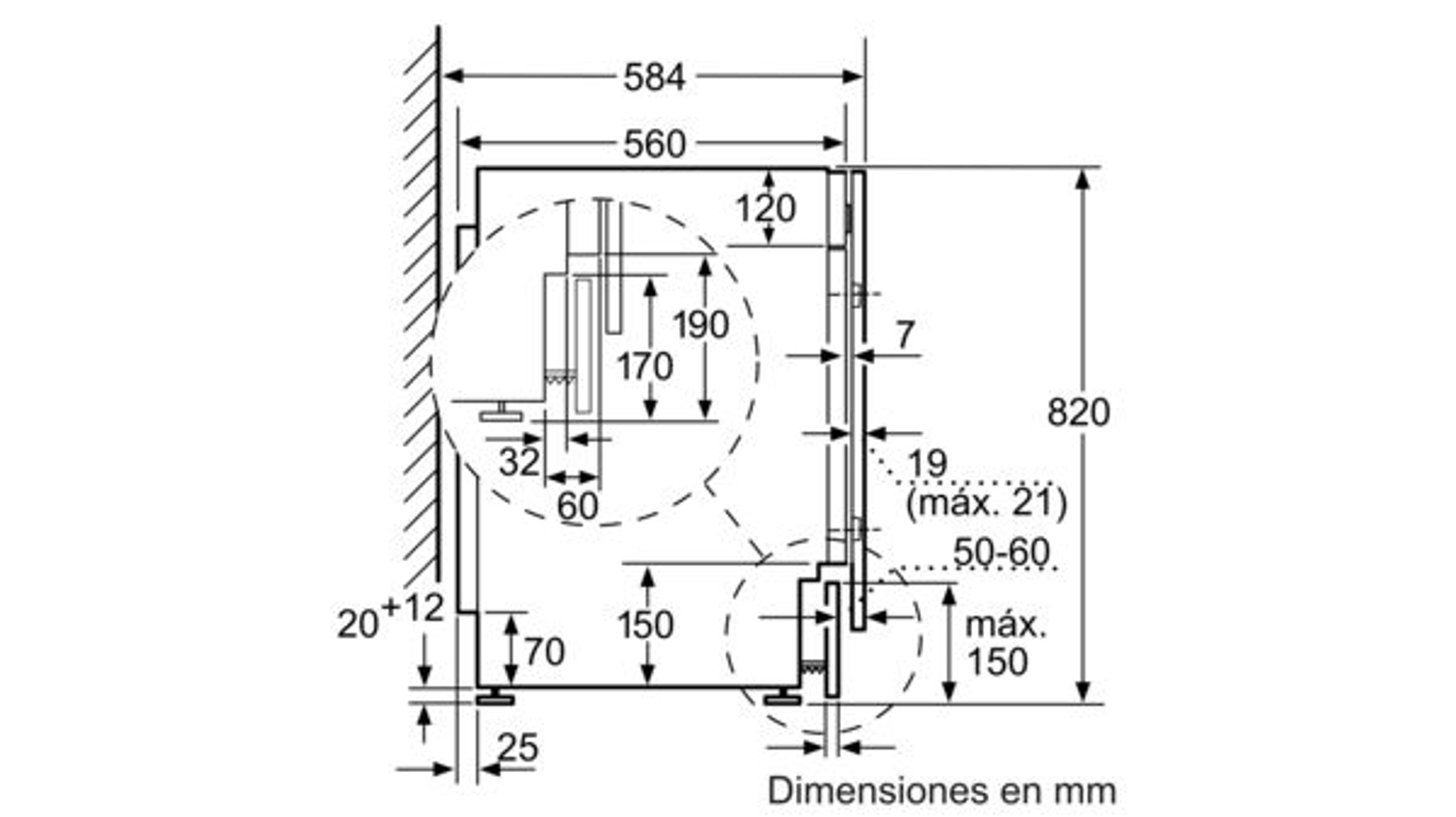 Disegno tecnico con dimensioni in mm per l'installazione di un elettrodomestico incassato.