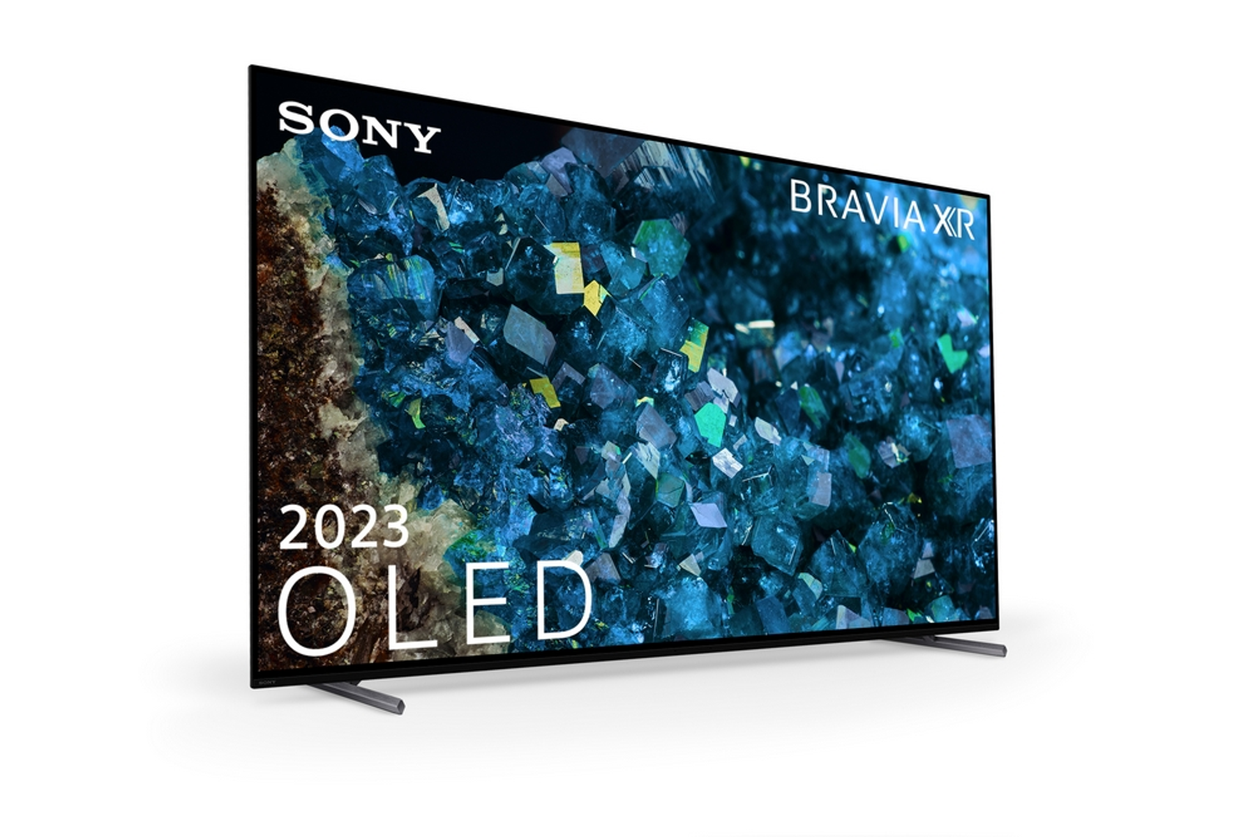Un televisor Sony Bravia XR 2023 OLED sobre un fondo blanco, con una pantalla azul y negra.