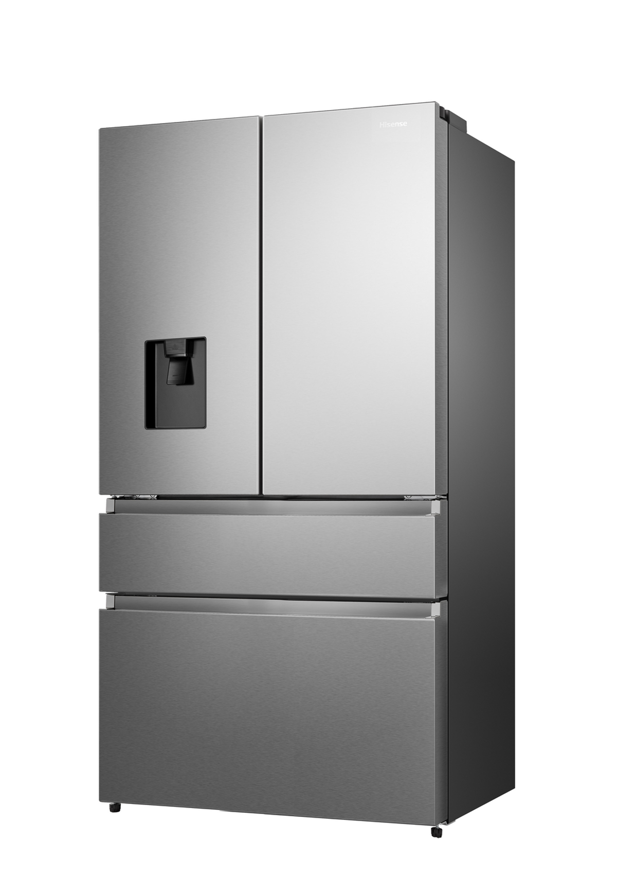 Un refrigerador de acero inoxidable con cuatro puertas se ve contra un fondo blanco.