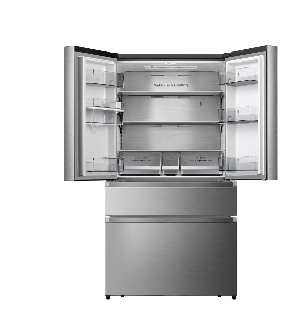 Refrigerador de acero inoxidable con puertas abiertas. Estantes y cajones interiores visibles. Fondo blanco.