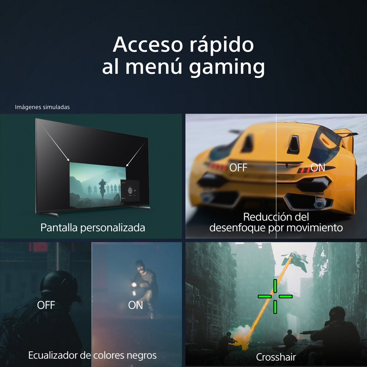 Ekrany pokazujące funkcje gier: spersonalizowany ekran, redukcja rozmycia ruchu, korektor czerni, celownik.