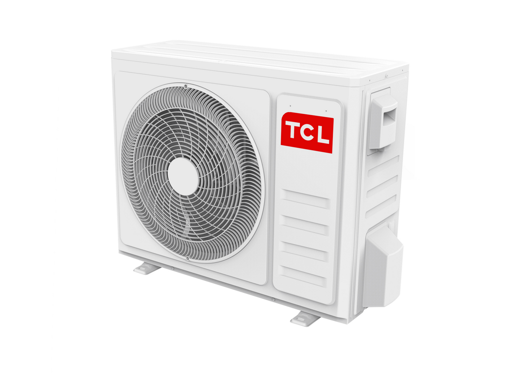 Aire acondicionado blanco con ventilador azul y etiqueta R-32.