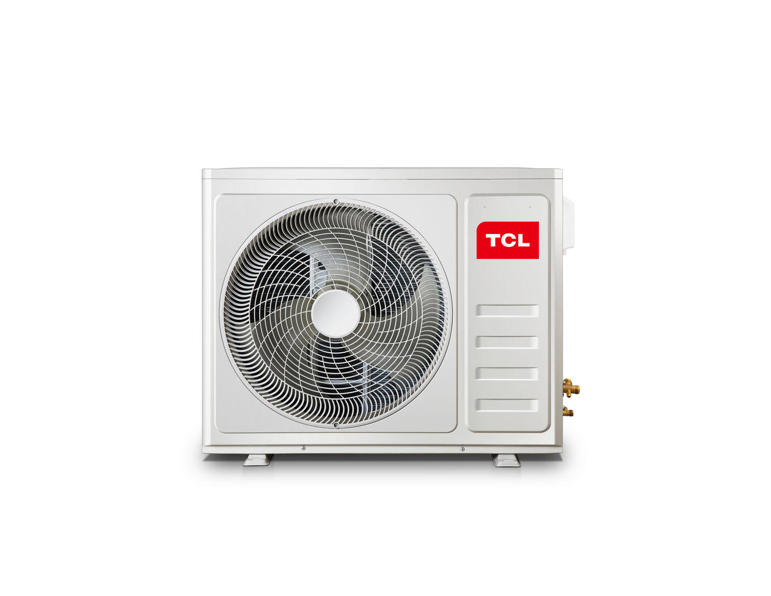 Unidad de aire acondicionado TCL blanca, mostrando el ventilador y el logo TCL sobre fondo blanco.