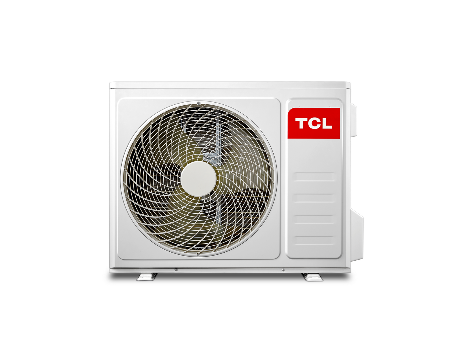 Unidad de aire acondicionado TCL blanca. Contiene un ventilador y el logo TCL rojo en la esquina derecha.