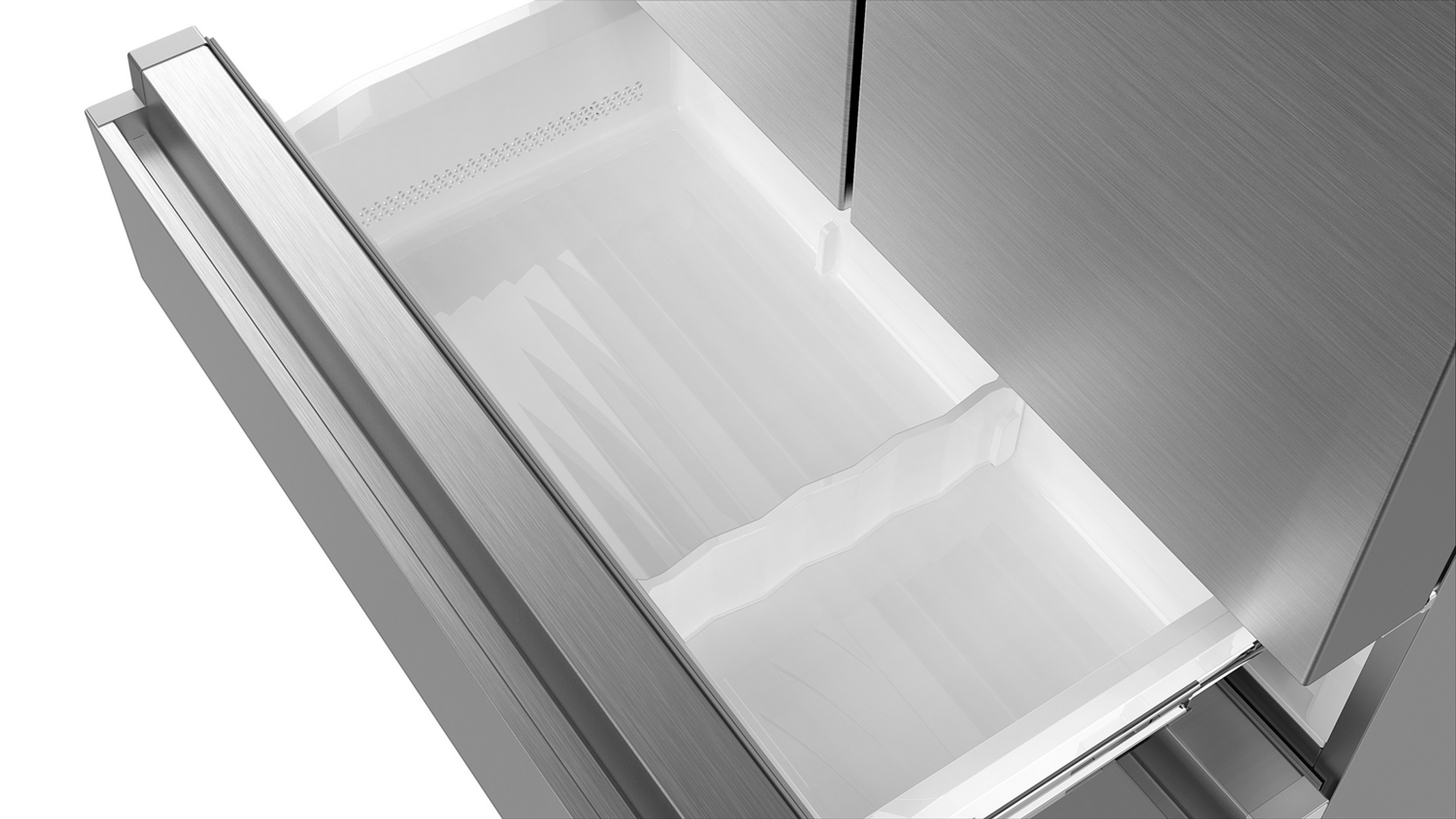 Cajón de refrigerador abierto con interior blanco y divisores. Marco de metal plateado.