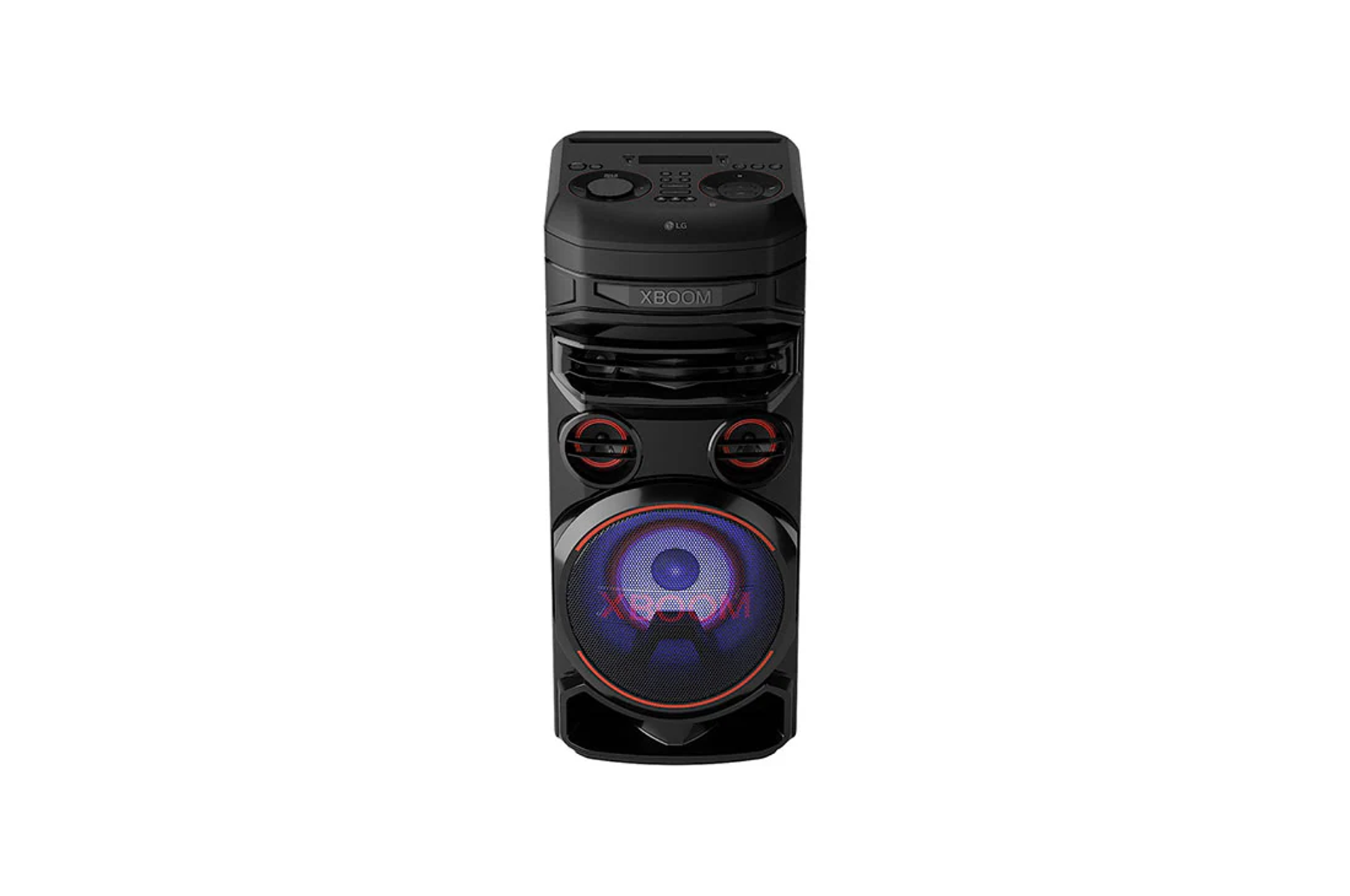 Altoparlante LG Xboom nero con display luminoso colorato e pulsanti.