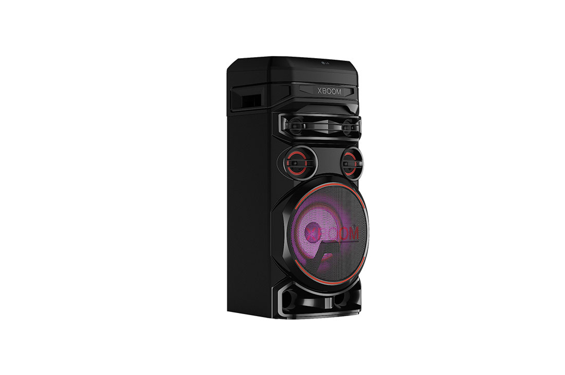 Altoparlante LG XBOOM nero alto con luce viola, due altoparlanti visibili e sfondo nero.