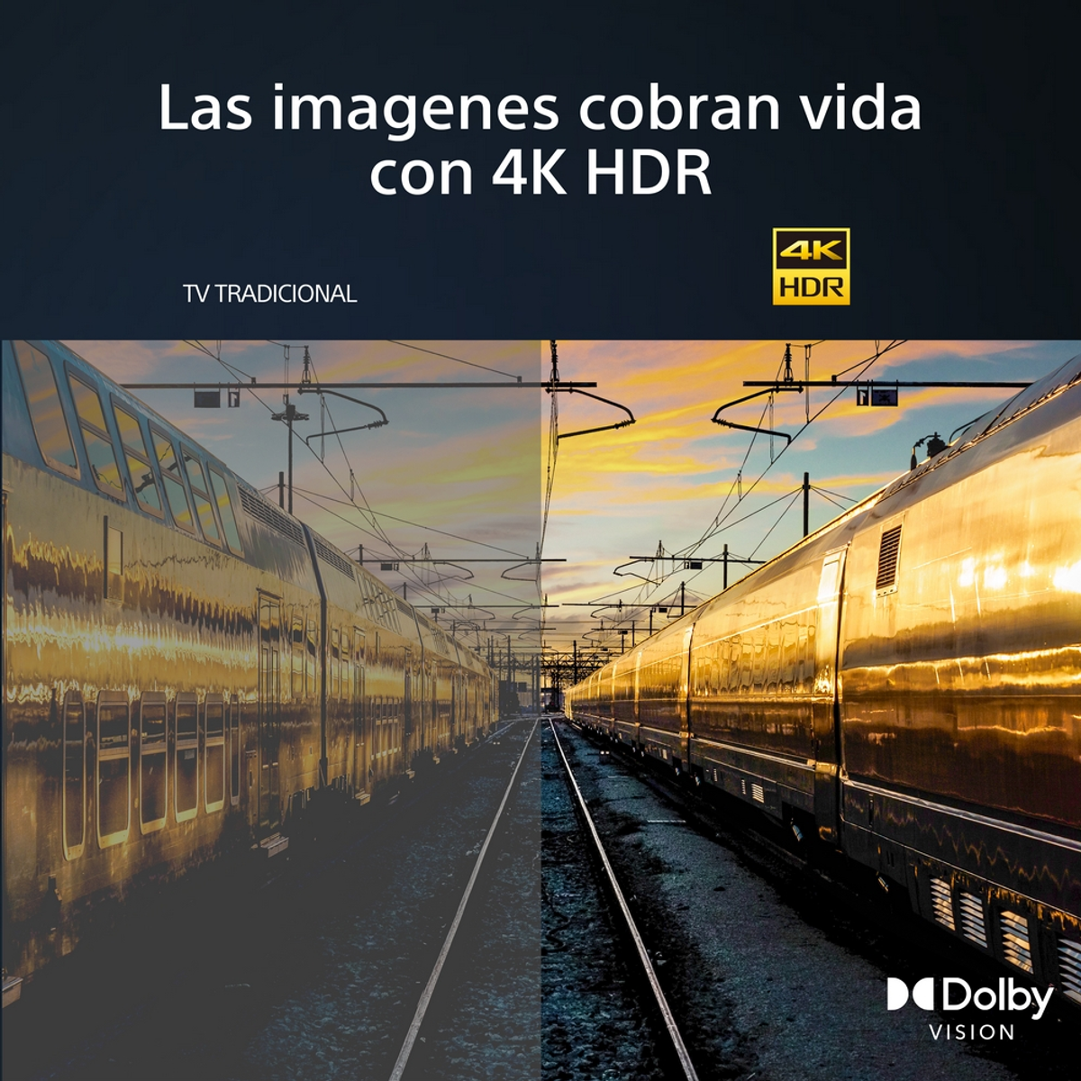 Ein Zug auf Gleisen mit Sonnenuntergang im Hintergrund. Das Bild ist geteilt, um Standard und HDR zu zeigen.