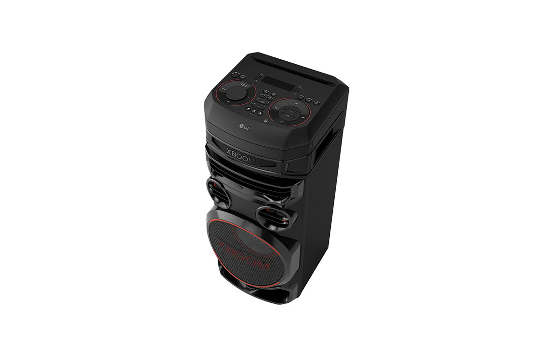 Alto altoparlante LG XBOOM nero su una superficie bianca. Presenta dettagli rossi e un pannello di controllo sulla parte superiore.