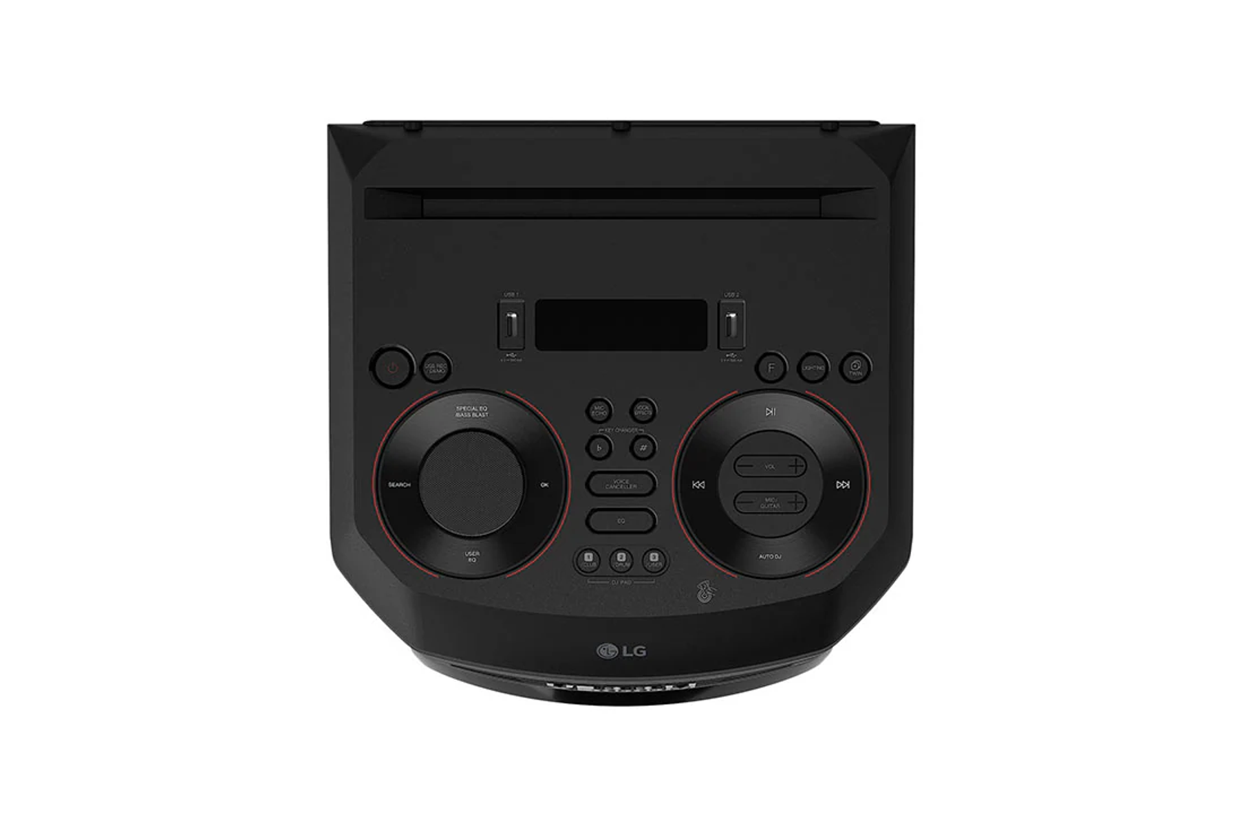 Altoparlante per feste LG nero, vista dall'alto. I controlli includono USB, pulsanti e un display.