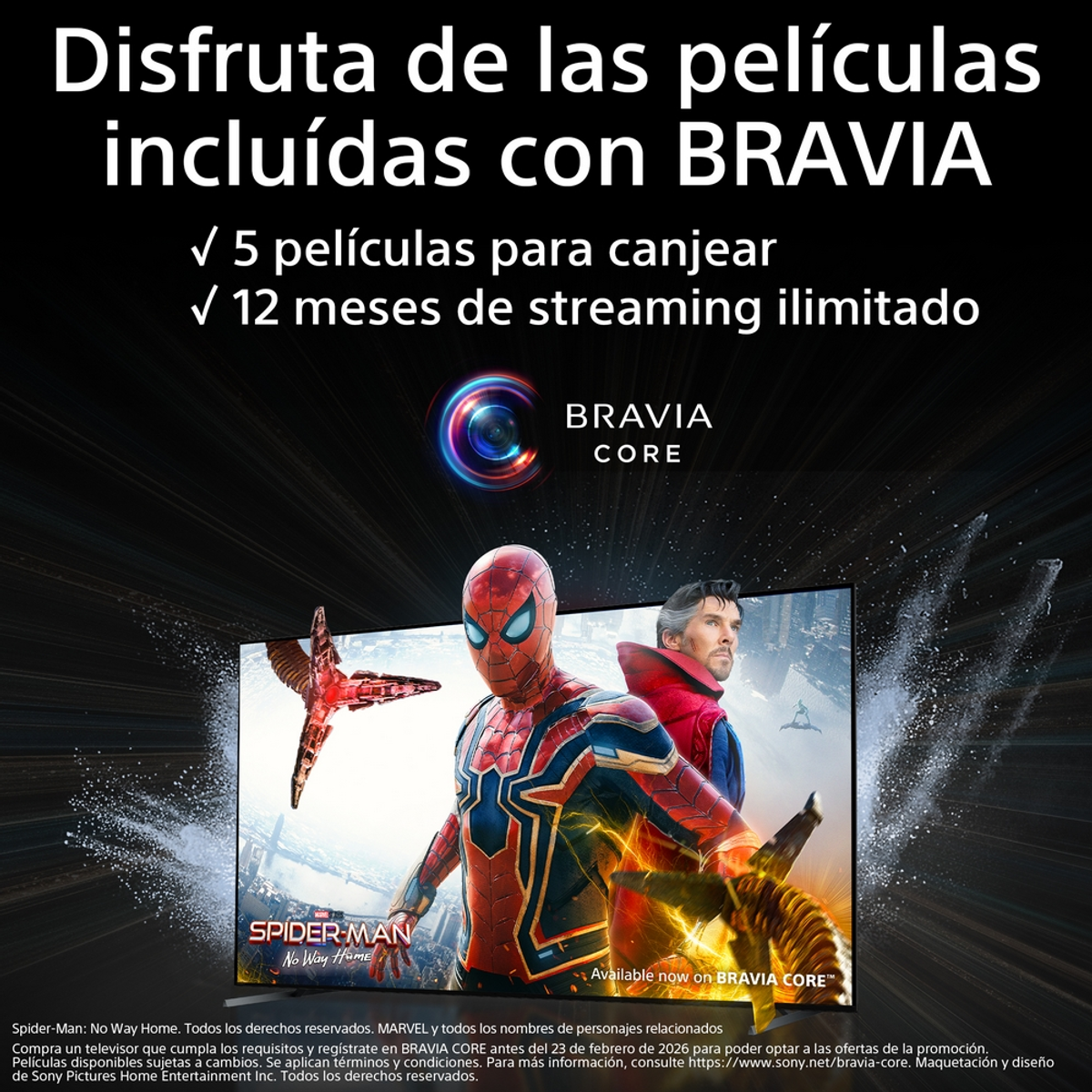 Obraz promocyjny z Spider-Manem i Doktorem Strange'em. Tekst o filmach dołączonych do BRAVIA.