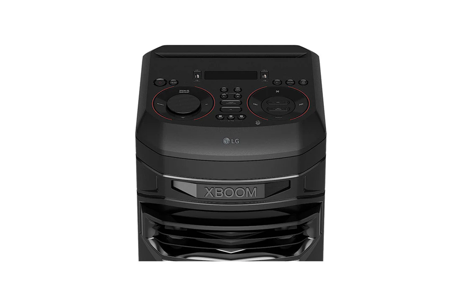 Altoparlante LG XBOOM nero. Con pulsanti di controllo e logo XBOOM in evidenza.