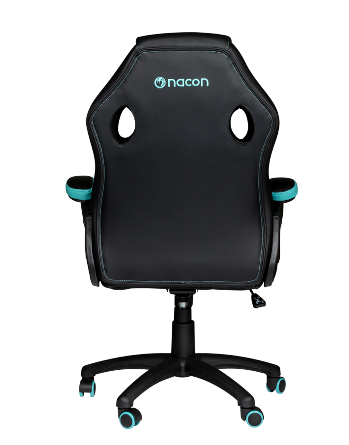 Schwarzer Gaming-Stuhl von hinten, mit blauem Logo und blauen Akzenten an den Seiten.