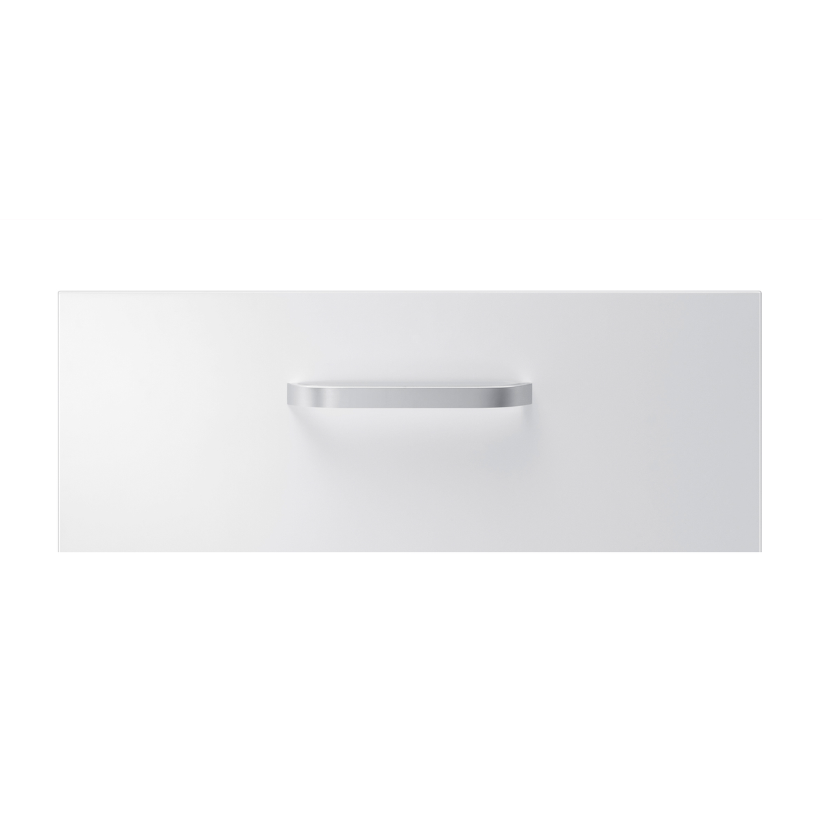 White drawer with a silver handle. Simple design. White background.