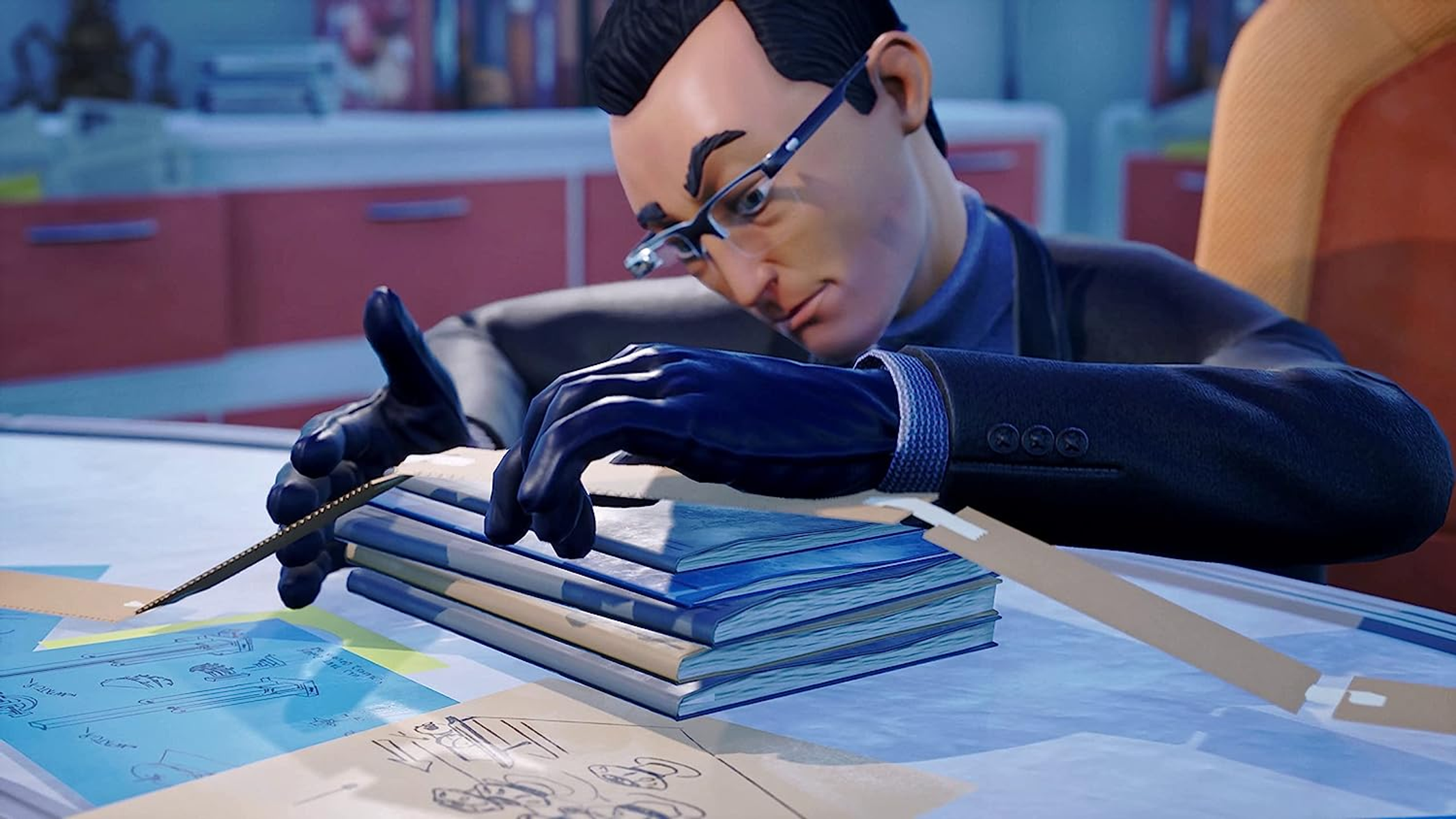 Mężczyzna w okularach i rękawicach, badający plany na stole.