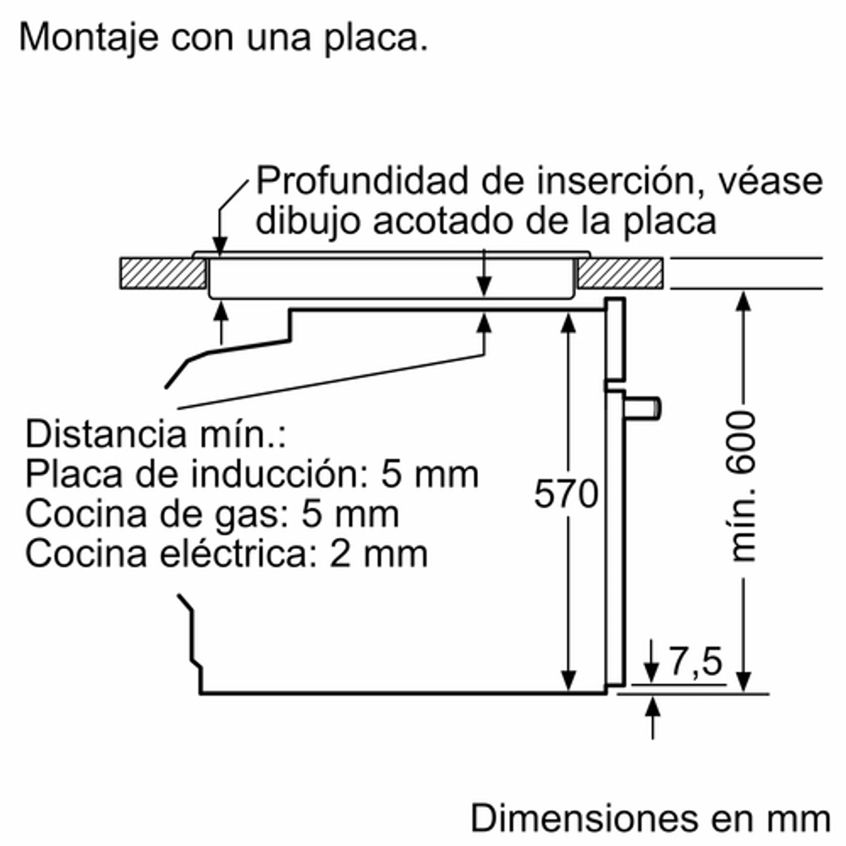 Diagrama de instalación de un electrodoméstico de cocina, que muestra dimensiones y distancias.