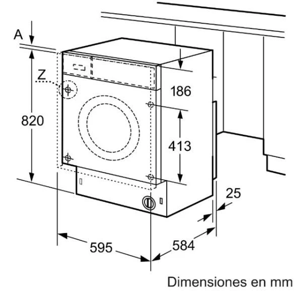 Diagrama de lavadora. Muestra dimensiones y detalles de diseño para la instalación.