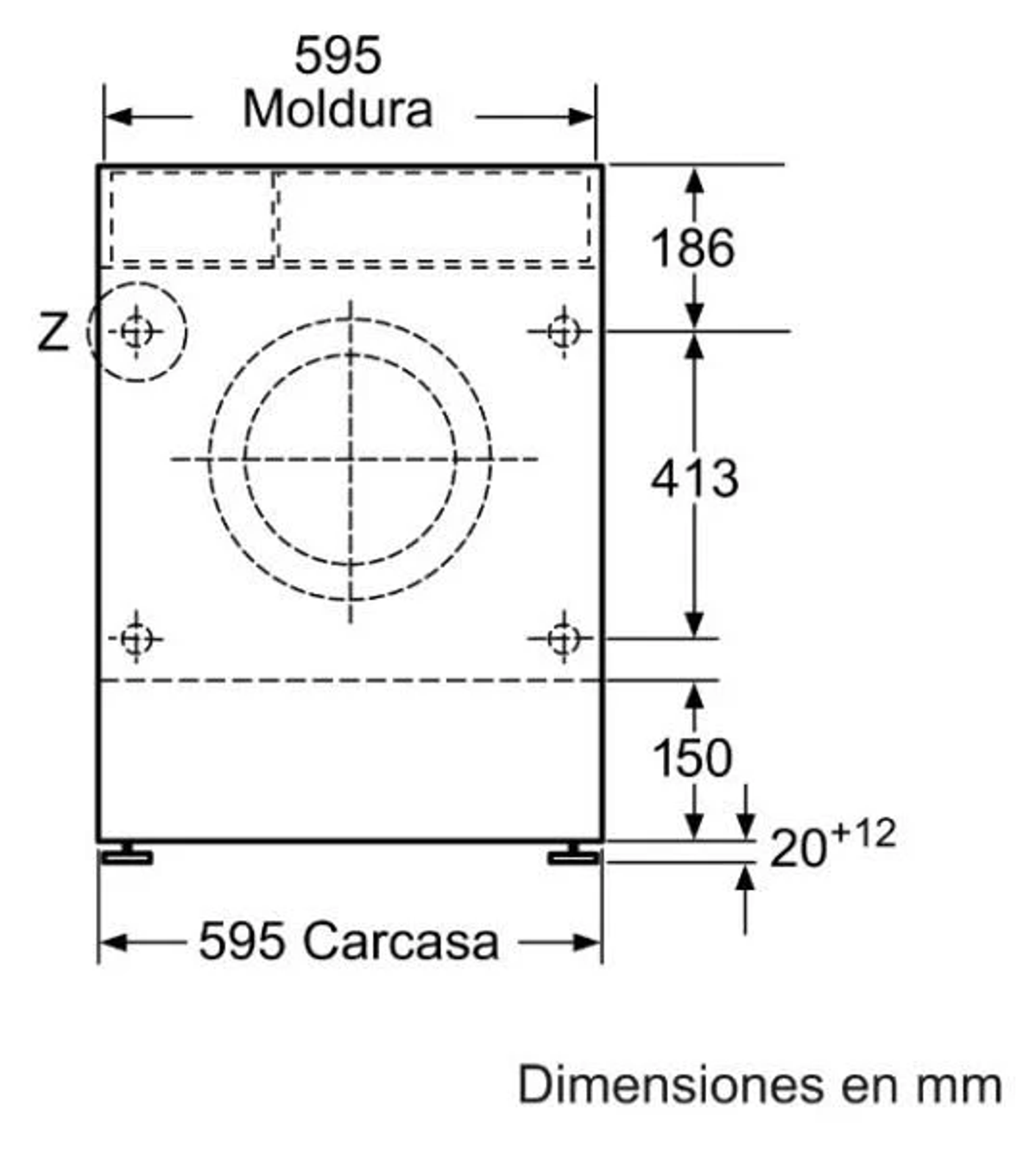 Diagrama de una lavadora, mostrando dimensiones. Se incluyen líneas discontinuas y medidas.