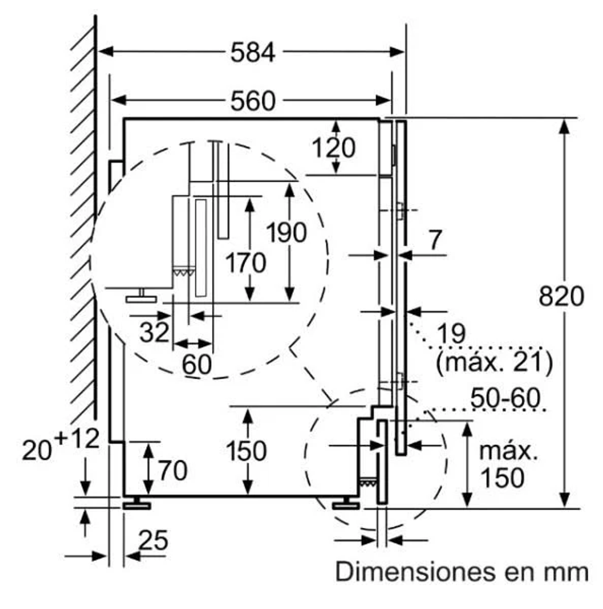 Diagrama que muestra las dimensiones para la instalación de un horno Bosch.
