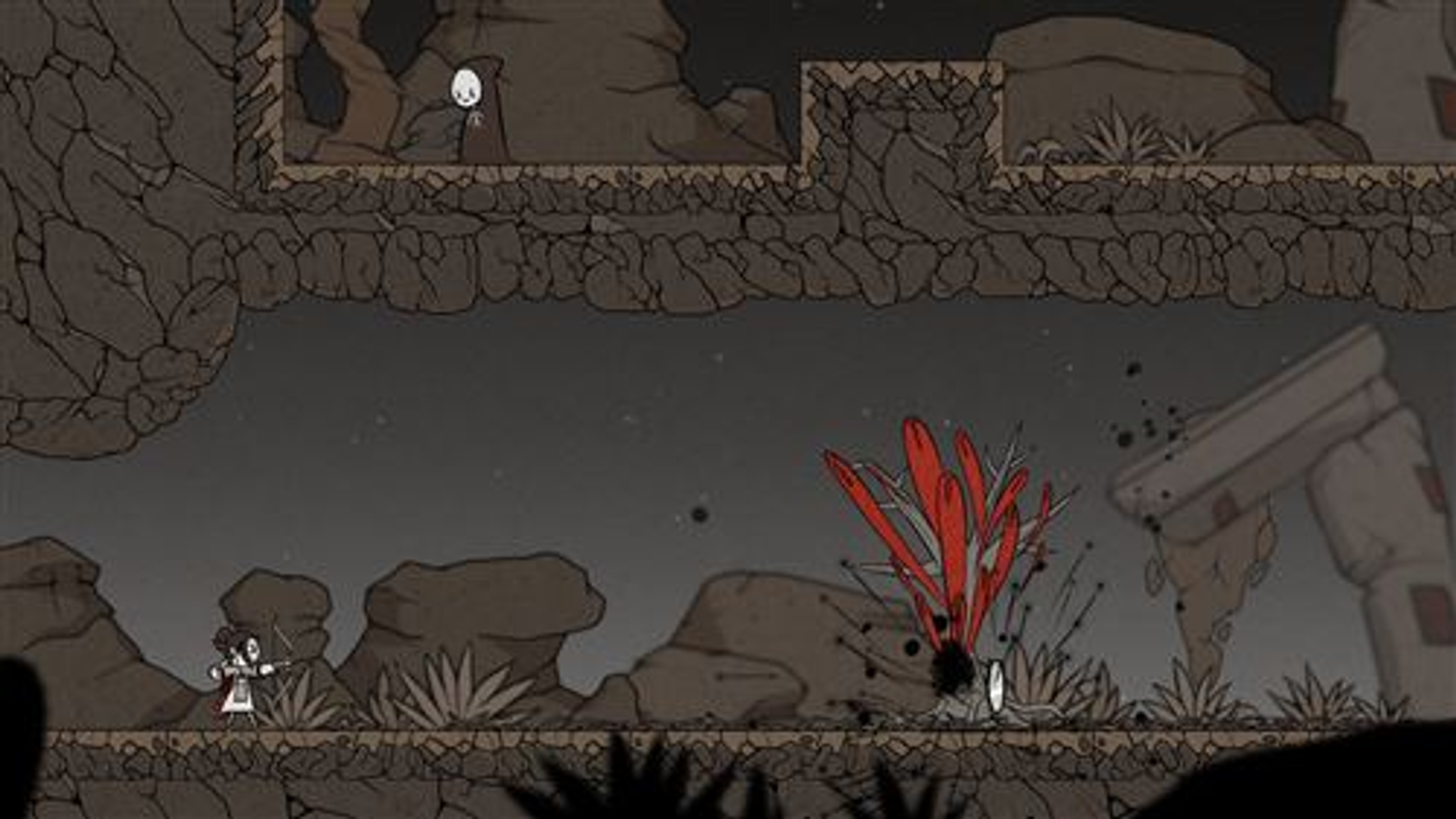 Scena gry side-scrolling: postać naprzeciw stworzenia z czerwonymi elementami.