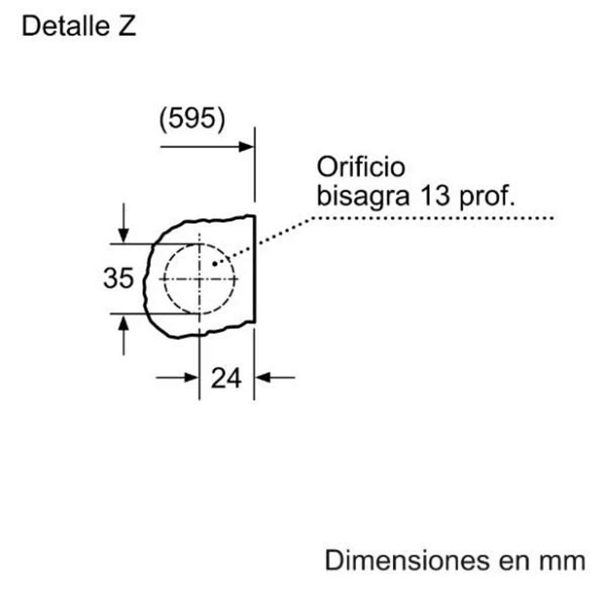 Diagrama de un borde redondeado con un agujero y dimensiones en mm.