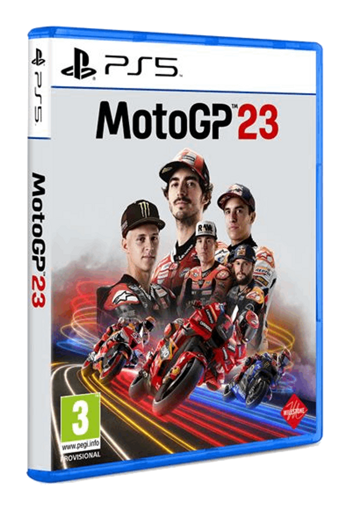 Pudełko z grą na PS5 MotoGP 23, z zawodnikami i motocyklami.