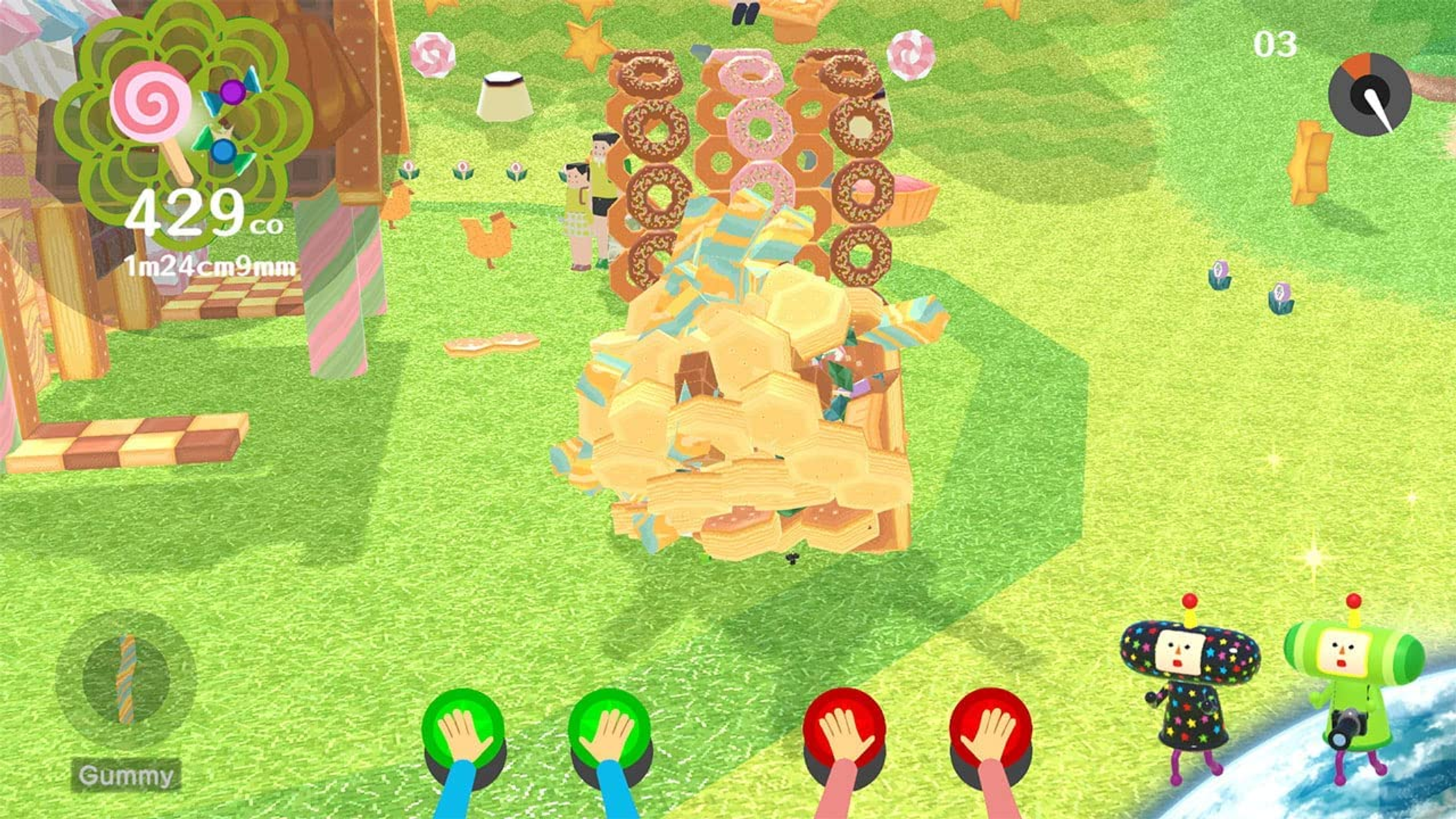 Scena di gioco con caramelle e personaggi. Un gioco di orsetti gommosi con un mucchio di caramelle.