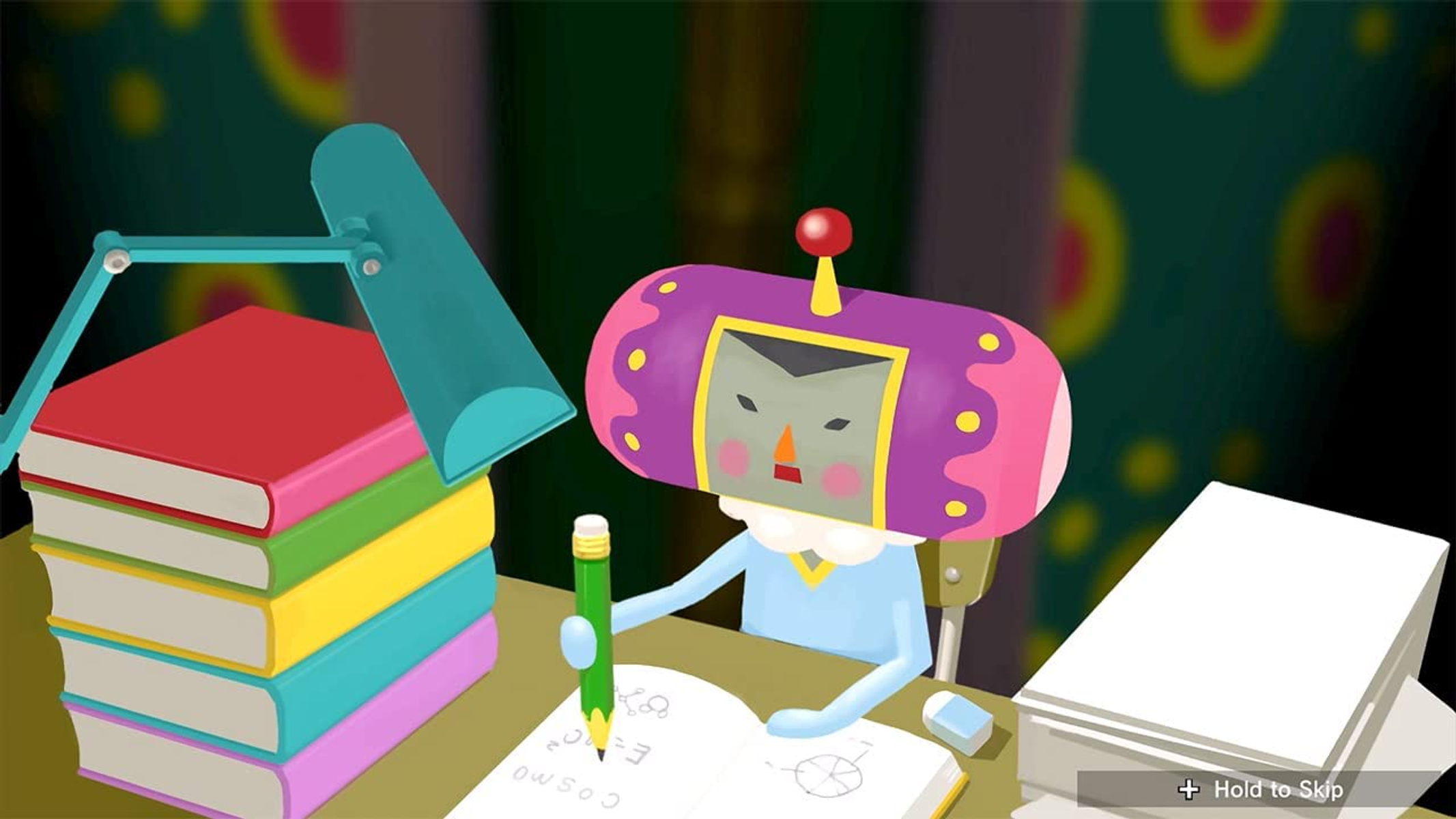 Scena di cartoni animati. Un robot sta studiando, con libri, una lampada e una scrivania.