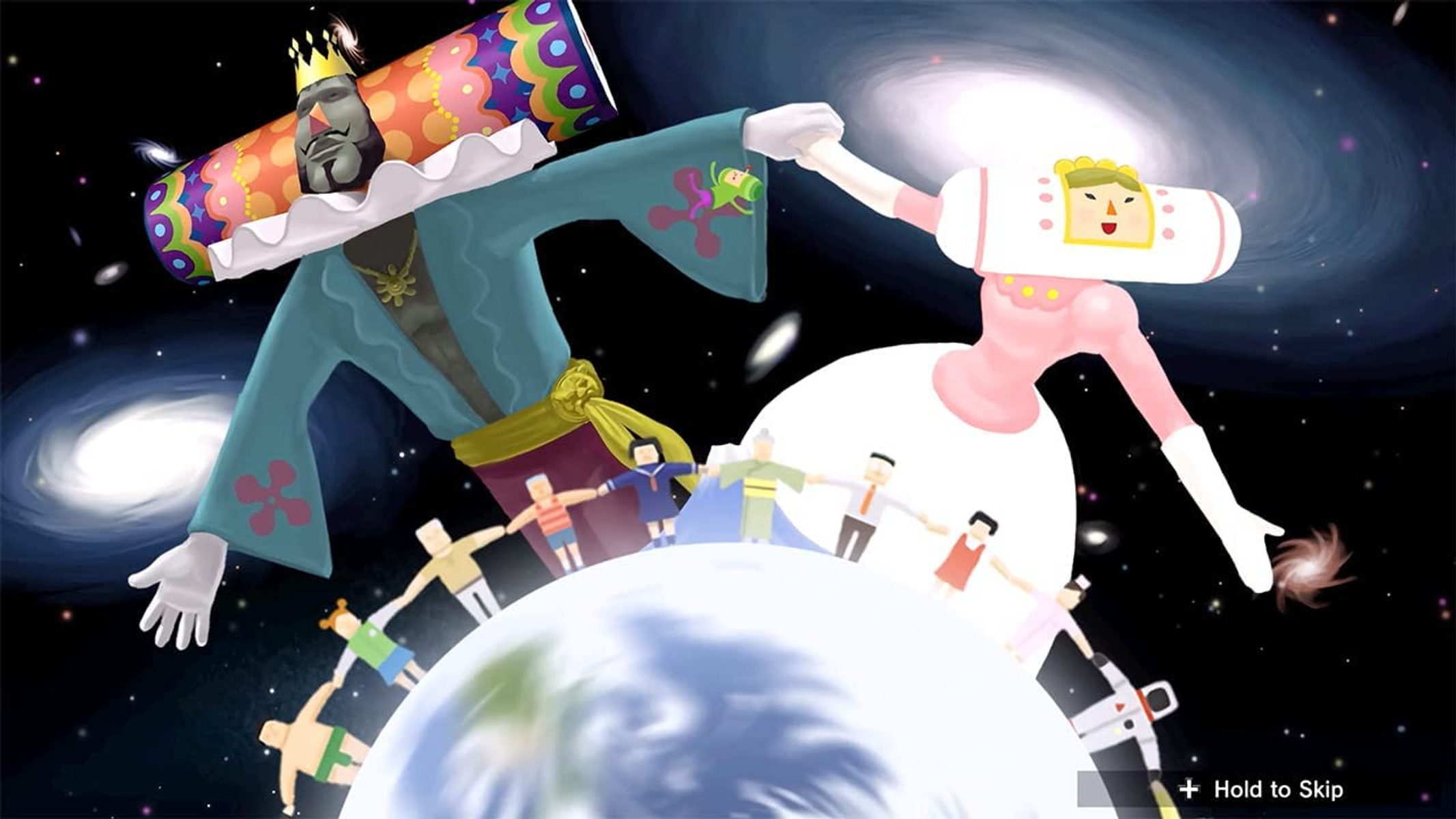 Una scena di gioco colorata con due personaggi e un pianeta con persone che si tengono per mano.