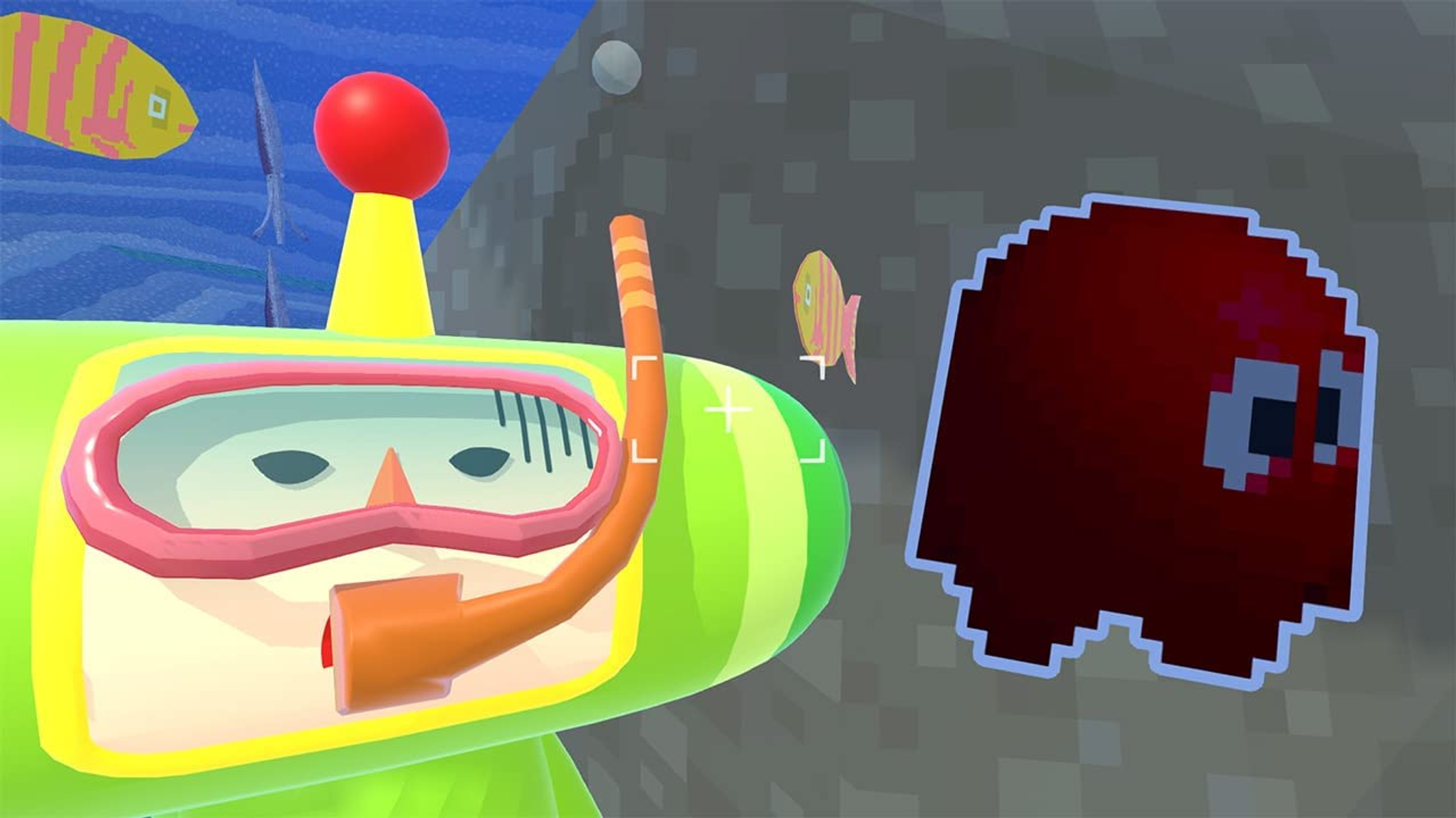 Scena subacquea con un personaggio con maschera da snorkeling. Un fantasma rosso pixelato e pesci sono vicini.
